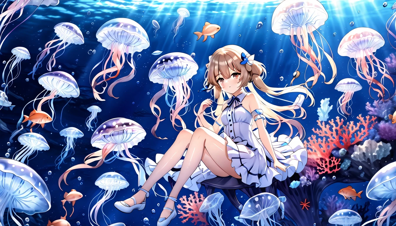Anime girl sitting on a jellyfish,Surrounded by jellyfish and corals, Ink art anime , Wallpaper Anime Blue Water, Azur route style, Anime fantasy illustration, From the Azur Lane video game, Beautiful fantasy anime, Popular on artstation pixiv, Zerochan art, Azur Lane Characters, Anime Fantasy Artwork, very beautiful anime cat girl