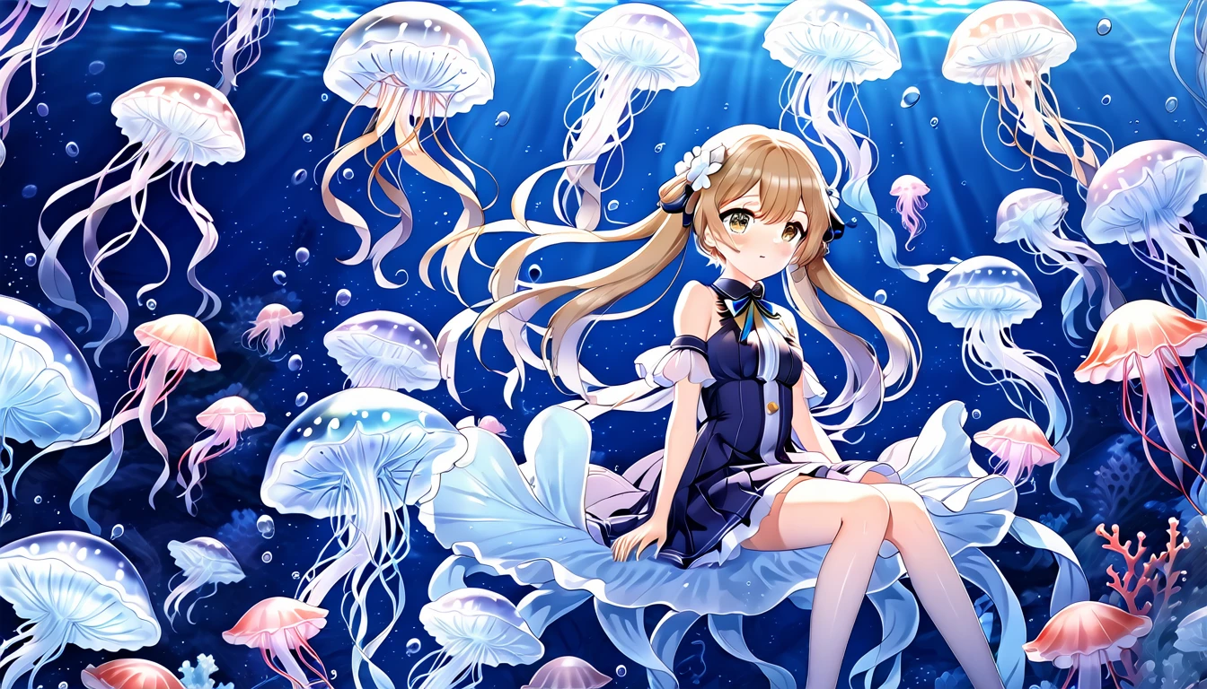 Anime girl sitting on a jellyfish，Surrounded by jellyfish and corals, Ink art anime loli, Wallpaper Anime Blue Water, Azur route style, Anime fantasy illustration, From the Azur Lane video game, Beautiful fantasy anime, Popular on artstation pixiv, Zerochan art, Azur Lane Characters, Anime Fantasy Artwork, very beautiful anime cat girl