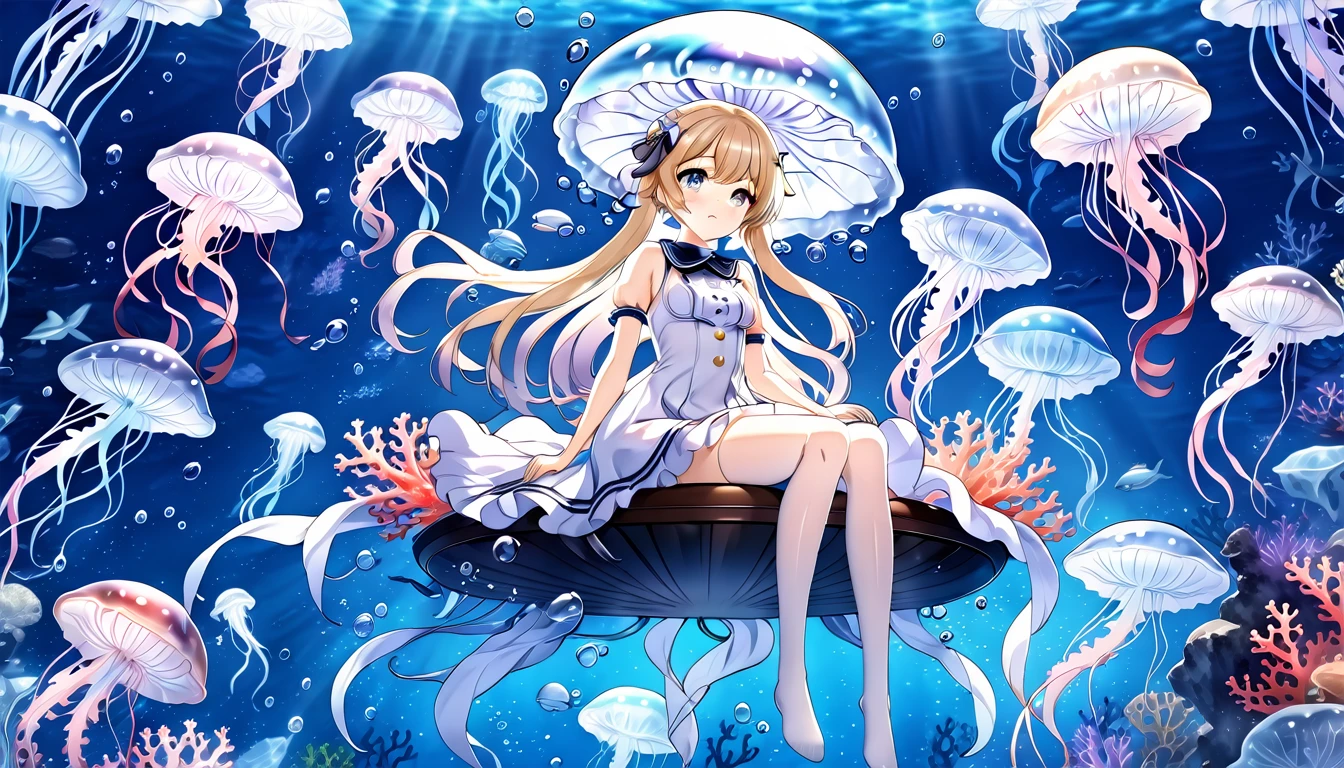 Anime girl sitting on a jellyfish,Surrounded by jellyfish and corals, Ink art anime loli, Wallpaper Anime Blue Water, Azur route style, Anime fantasy illustration, From the Azur Lane video game, Beautiful fantasy anime, Popular on artstation pixiv, Zerochan art, Azur Lane Characters, Anime Fantasy Artwork, very beautiful anime cat girl