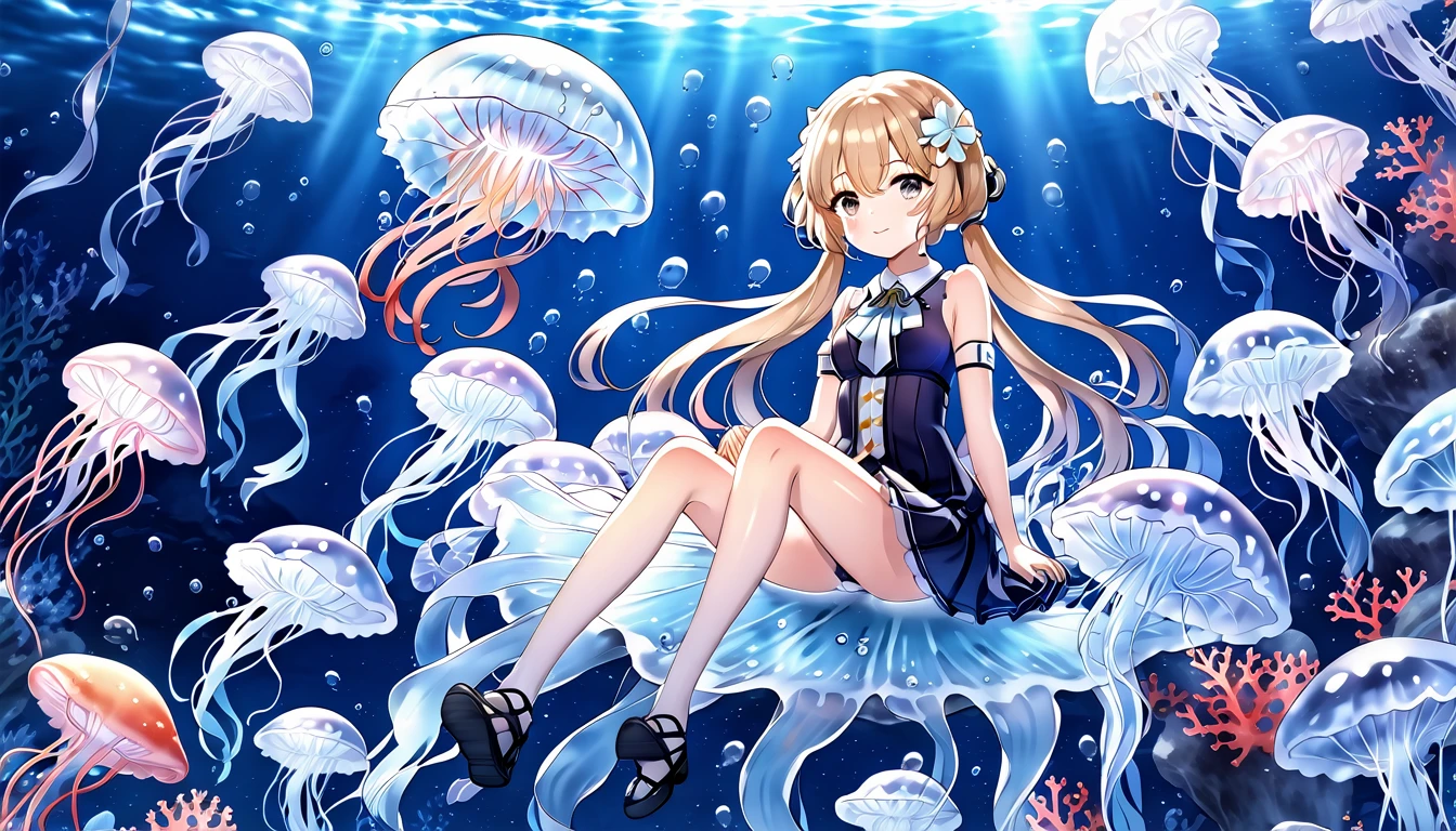 Anime girl sitting on a jellyfish,Surrounded by jellyfish and corals, Ink art anime , Wallpaper Anime Blue Water, Azur route style, Anime fantasy illustration, From the Azur Lane video game, Beautiful fantasy anime, Popular on artstation pixiv, Zerochan art, Azur Lane Characters, Anime Fantasy Artwork, very beautiful anime cat girl