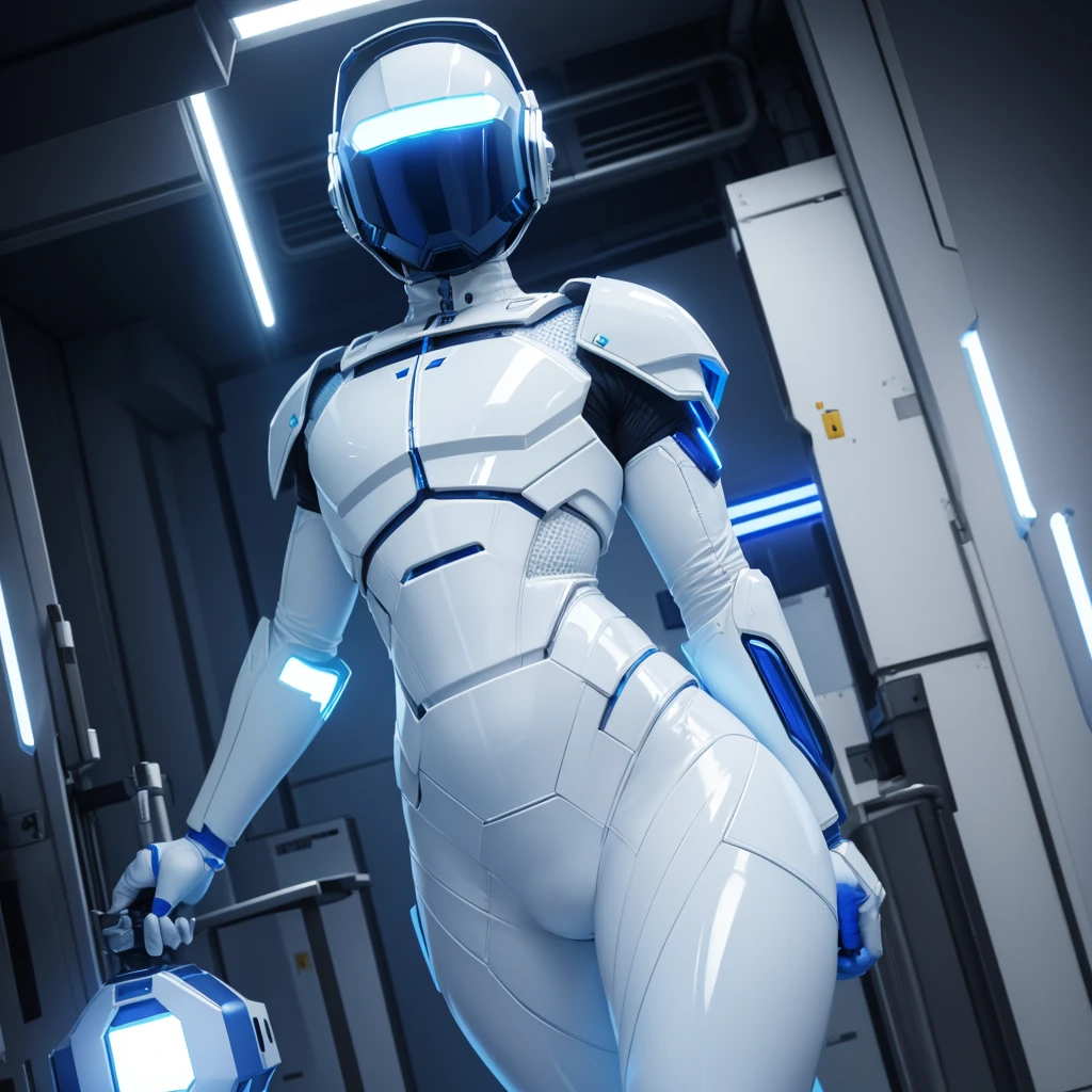 (masterpiece), (best quality), (high res) Solo, (perfect anatomy) Dronificated unknown femenine man in a fully (enclosed blue latex full body armor) (white LEDs across the suit) (white glowing core in the chest), (enclosed cyber helmet) that cover his whole face and hides his identity with a white screen, flat chest, narrow waist, wide hips and thick thigs, (no face) no face, no hair, no mouth, no eyes, in a lab