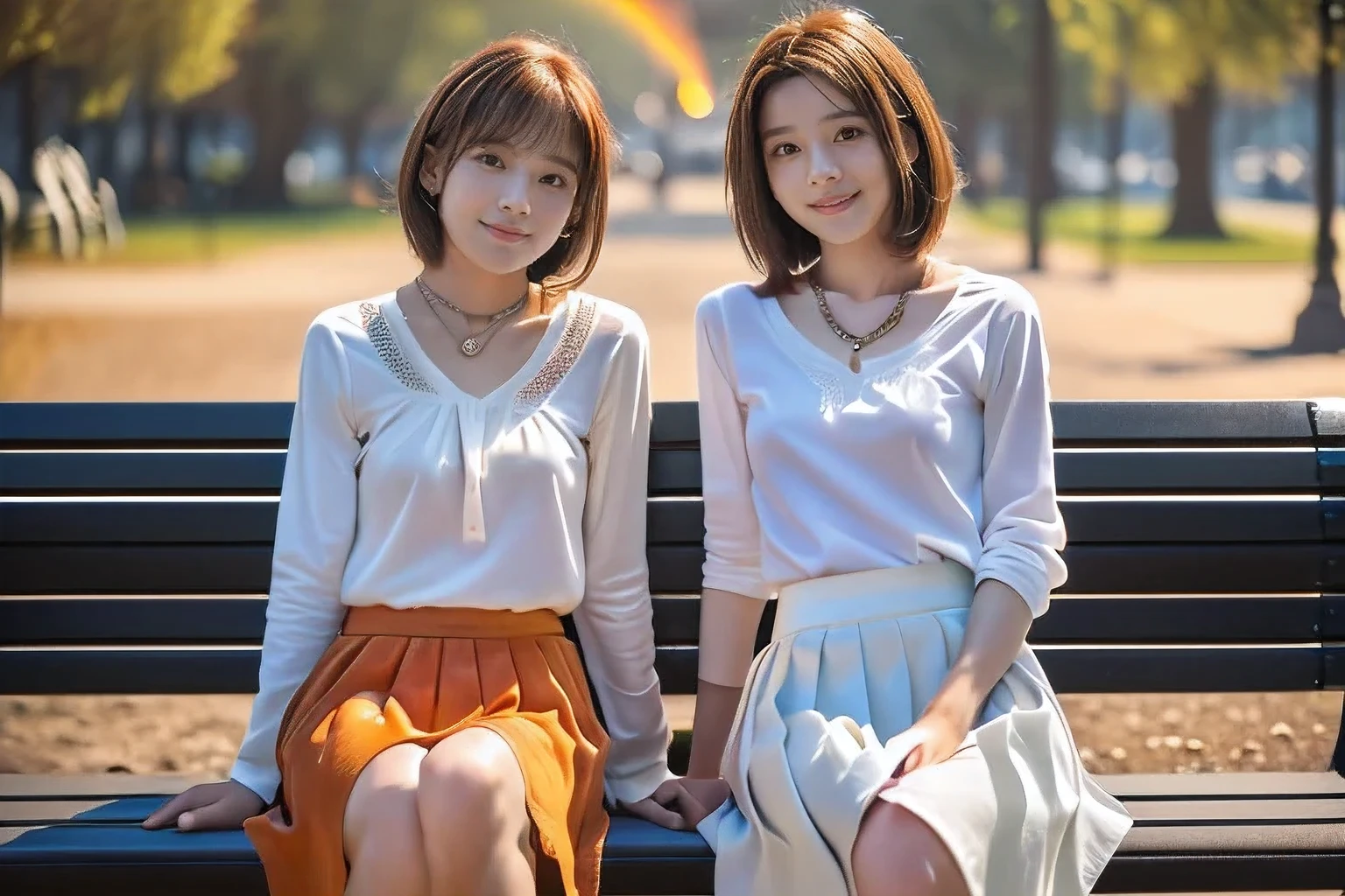 (A 4 year old girl and an 18 year old girl:1.5)、(sitting on a park bench:1.5)、(A kind smile:1.5)、(18 year old woman with children:1.5)、(The best quality at its best:1.4), (Super detailed), (Very detailed CG unified 16k), Beautiful woman with perfect figure: 1.4, Sharp focus: 1.2, Very detailed, High-quality RAW color photos, Professional photography, Great face and eyes, cosmetics, (Amazingly beautiful girl), ((White blouse with long flare skirt:1.5)), Realistic movie faces, Full body long view from head to toe, Realistic, ((Realistic natural orange red hairstyle)), ( Short Bob Hair:1.5), (necklace:1.5)、, Very beautiful face, Perfect model beauty, Mouth swelling, Highly detailed face and skin texture, Fine grain, double eyelid, Medium chest, (masterpiece), Highest quality, High resolution, Very detailed, Blurred Background, Depth of written boundary, Cinema Lighting, Great legs, , Clear, well-maintained skin,((Full body shot from head to toe:1.5))