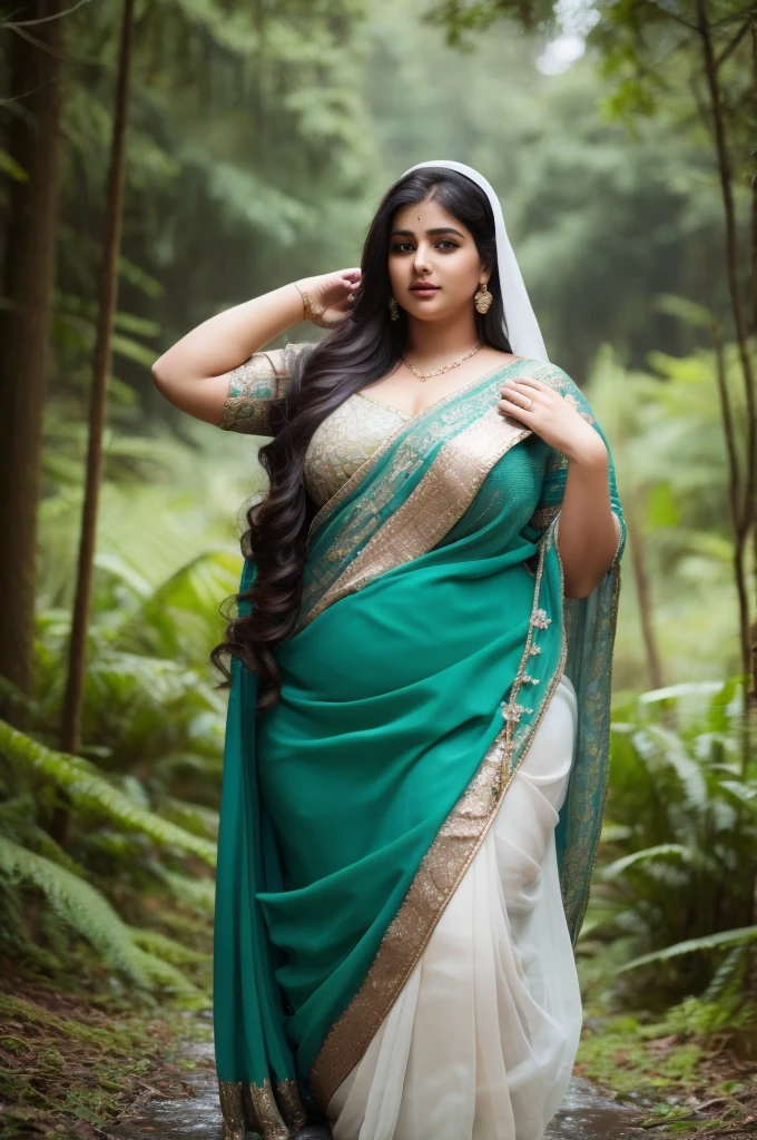 1 Heavenly beautiful and goddess beauty cute and sweet looking face Arabian woman in front of rainy forest, Heavenly beautiful Overweight, Heavenly beautiful Extremely fat, Heavenly beautiful and attractive Chubby figure , Heavenly beautiful looking and eye catching luxury style saree , reaching out, Heavenly beautiful Arabian woman, 16k, High resolution, masterpiece, highest quality, fine skin, close up figure view, Realistic Photograph