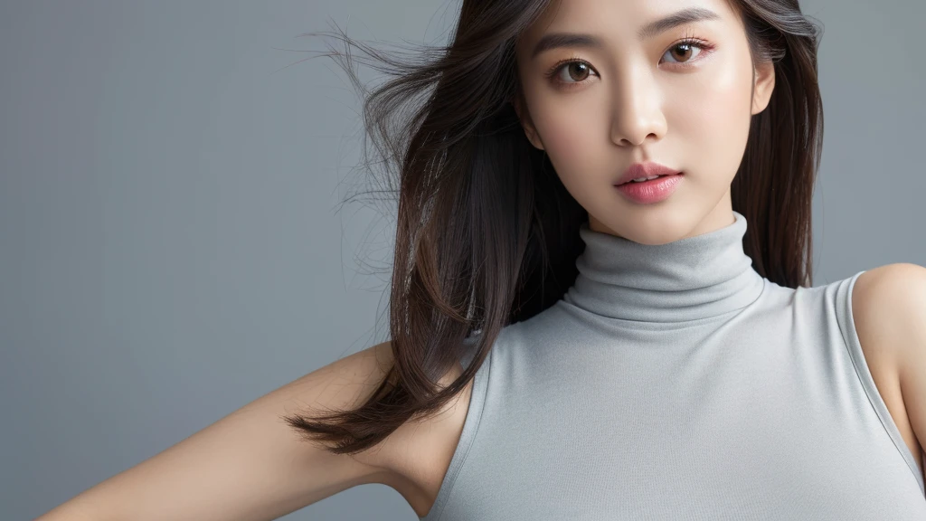 (detailed face),VIVID,normal breasts,pretty,sleeveless and turtle neck white silky clothes,4k ,super high resolution ,(photo-realistic: 1.7),gray background,long hair,