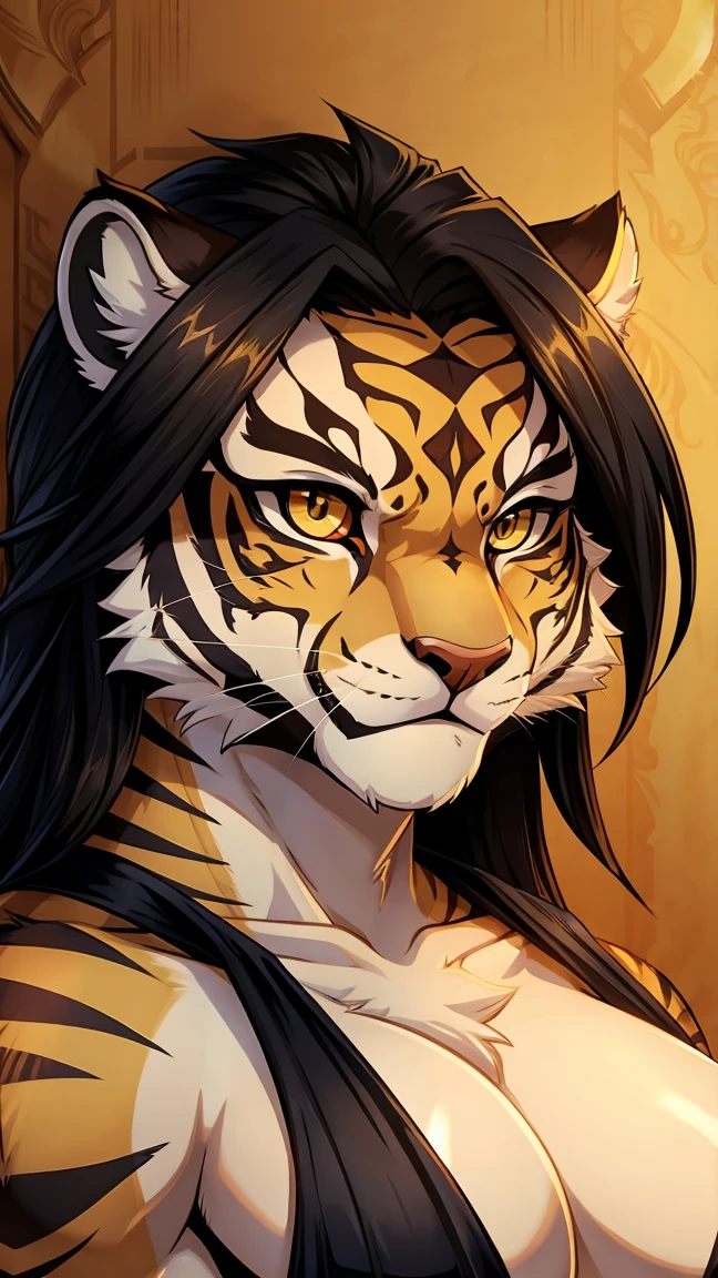 closeup, anthro furry tigress warrior, muscular and charismatic and intimidating, black hair, yellow eyes, golden throne background