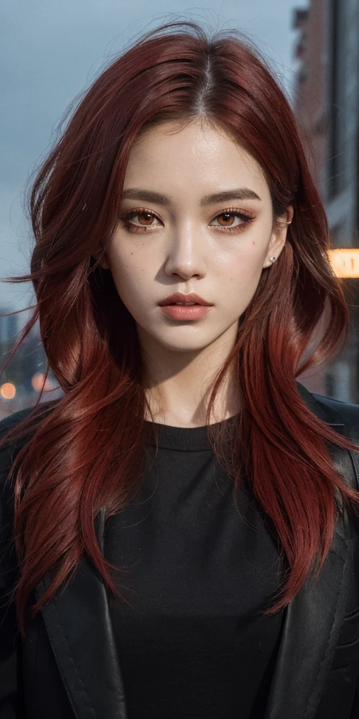 beautiful girl, half body portrait, short bright red disheveled hair, black eyeshadow, (street style wear:1.2), (city background:1.2), dark makeup, digital art, trending on artstation, highly detailed, fine detail, intricate, beautiful detailed glow, detailed, Cinematic light, highres, detailed features,sharp focus, smooth, aesthetic,