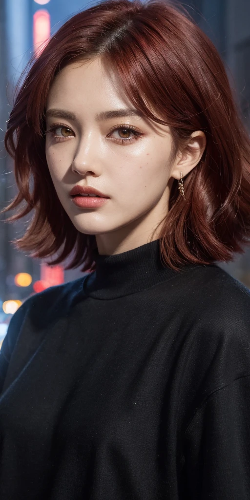 beautiful girl, half body portrait, short bright red disheveled hair, black eyeshadow, (street style wear:1.2), (city background:1.2), dark makeup, digital art, trending on artstation, highly detailed, fine detail, intricate, beautiful detailed glow, detailed, Cinematic light, highres, detailed facial features,sharp focus, smooth, aesthetic,