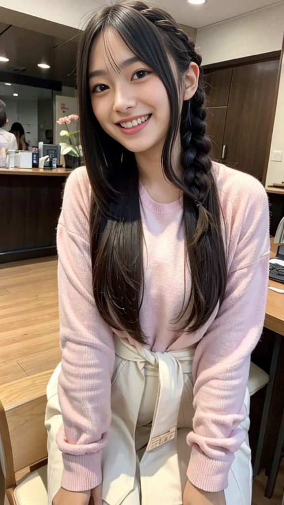 Raw photo、Ultra-realistic、Ultra detailed face、Detail lips、Detailed eyes、High school girl smiling showing her teeth、Long Hair:1.1、chest、Visible curves、Laughing with your mouth open 、Tokyo city角、 Whole body、( Slender body)、(Long Hair)、Big Breasts、Idol、(pastel colour)、18-year-old、Small face、Braid、 Tokyo city、Long beautiful legs 1.2、Curved waist、flower、uniform、blouse