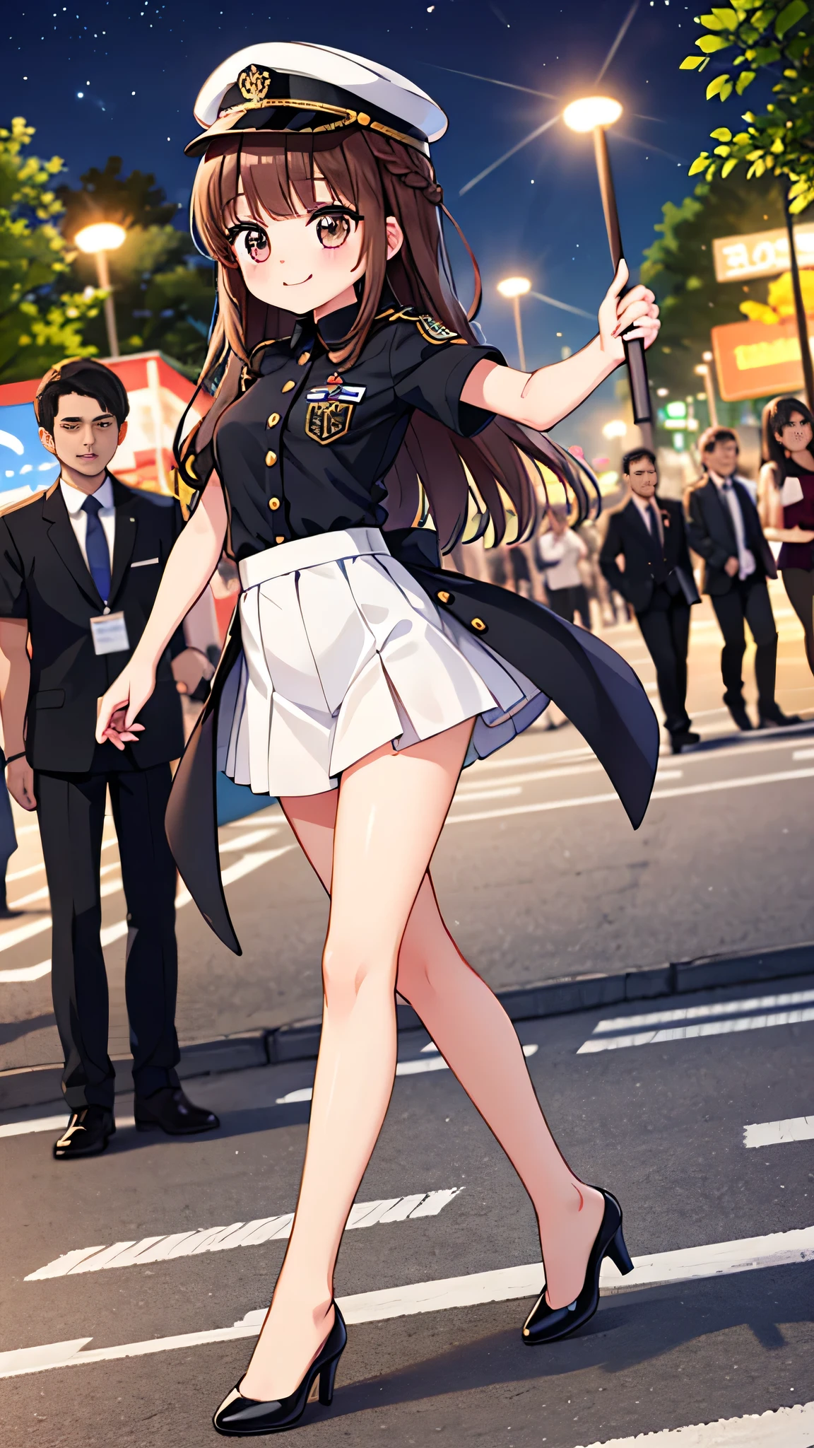 {Highest quality], [Super beautiful], [Ultra fine], [Best illustration], NSFW,Brown Hair, Hime cut,Braid, Long Hair, With bangs, girl, Uniform cap,Security uniform, smile, blush, Slender women,Short sleeve,Long straight skirt, Adult women,Strike a Pose,(Public）Night Park, diagonal,Bare feet and pumps, Plain black pumps