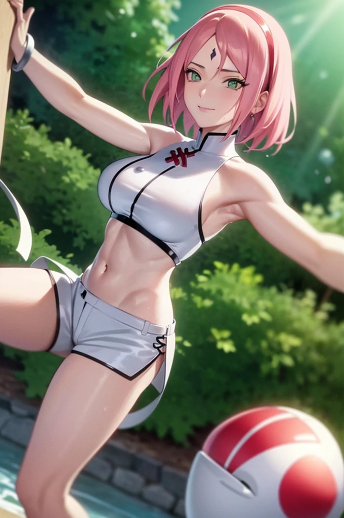 being realistic, being realistic,cowboy lens,Masterpiece,Vuelta Hoang,1 girl,Sakura Haruno,mark on forehead,uchiha crest, red hair band,rode well,white shorts,belly button,ingle,bracelet,looking at the viewer,smile,short hair, SakuraNS,Private garden,wind,by the floating,big breasts cleavage,((wide buttock))),Toned body,detailed eyes,squat, wet , Hairy armpit, sweaty armpit, armpit fold, (((wide hip)))