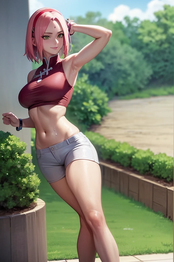being realistic, being realistic,cowboy lens,Masterpiece,Vuelta Hoang,1 girl,Sakura Haruno,mark on forehead,uchiha crest, red hair band,rode well,white shorts,belly button,ingle,bracelet,looking at the viewer,smile,short hair, SakuraNS,Private garden,wind,by the floating,big breasts cleavage,((wide buttock))),Toned body,detailed eyes,squat, wet , Hairy armpit, sweaty armpit, armpit fold, (((wide hip)))