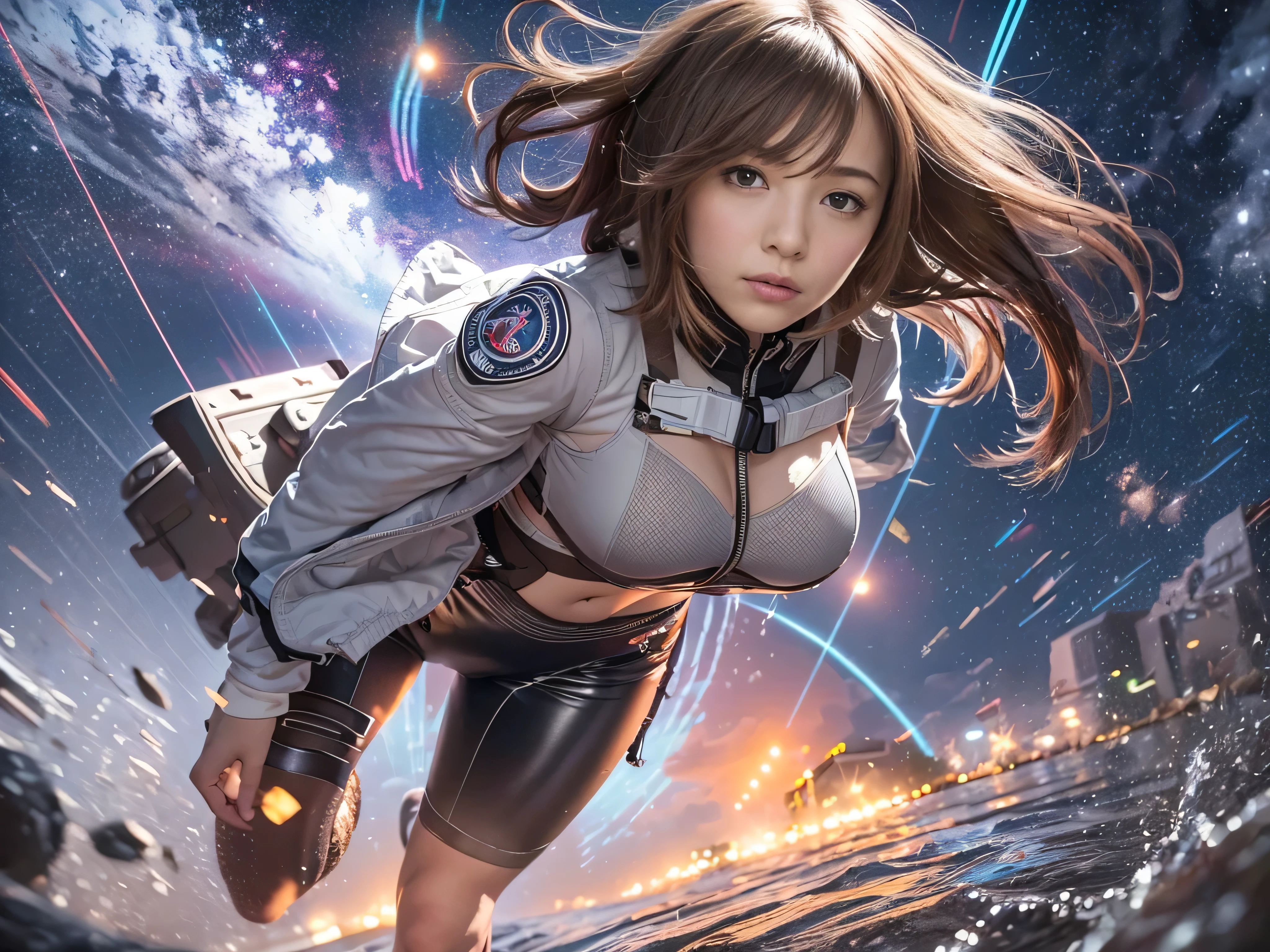 European girl with big breasts, small waist, Slender legs, Wearing a space pilot outfit with a sweet, sexy smile.