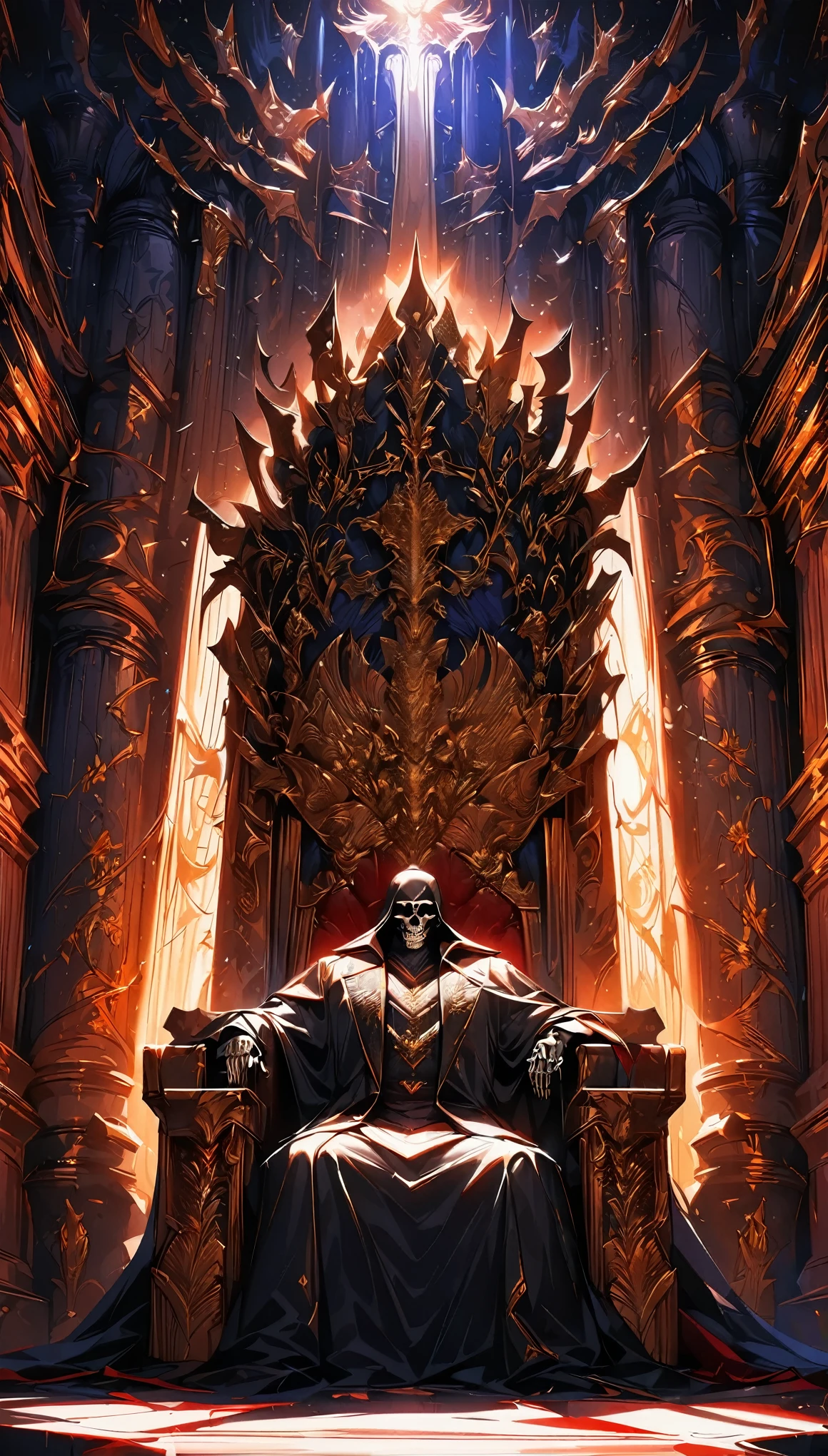 The king of skeletons sitting on a throne, Ritchie, Immortal King, Luxurious throne, Royal residence, Symbol of authority, The raised tapestry, High-quality texture, A sacred atmosphere, Throne Room, Magnificent light effects, Fanatics, Servant, (Highest quality:1.2, Very detailed, Latest, Vibrant, Ultra-high resolution, High Contrast, masterpiece:1.2, Highest quality, Best aesthetics), 