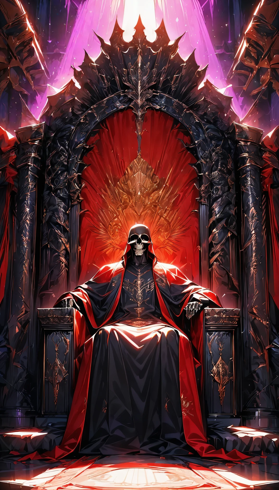 The king of skeletons sitting on a throne, Ritchie, Immortal King, Luxurious throne, Royal residence, Symbol of authority, The raised tapestry, High-quality texture, A sacred atmosphere, Throne Room, Magnificent light effects, Fanatics, Servant, (Highest quality:1.2, Very detailed, Latest, Vibrant, Ultra-high resolution, High Contrast, masterpiece:1.2, Highest quality, Best aesthetics),