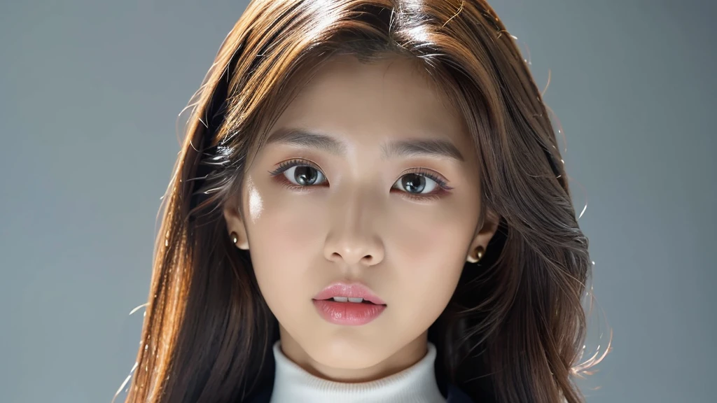 (detailed face),VIVID,pretty,sleeveless and turtle neck white silky clothes,4k ,super high resolution ,(photo-realistic: 1.7),gray background,long hair,