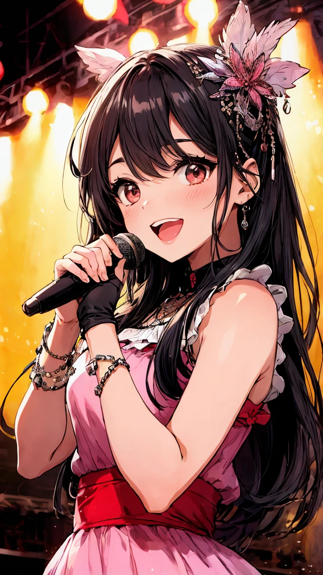 Very cute and beautiful K-POP female idols, Big smile,singing at live stage in ゴンドラ, 
break,
Face close-up, Singing scene, Dress scene, Looking at the audience, Photographed from the front、頭の先から足先まで全身スタイル
break,
Expressing idols in bright colors, Colorful pink idol dress, Expressing the idol's singing voice with warm colors