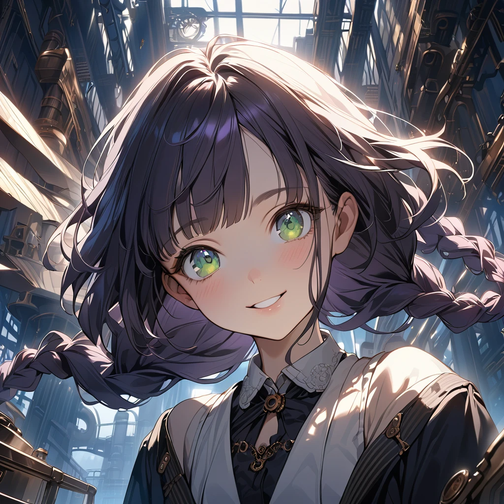 (Cute a girl:1.5), (masterpiece:1.3), anime visual, (a gril with semi long twin braids wavy hair, pale purple blunt bangs hair, dark green eyes,smiling:1.3), (tilt head:1.3), extremely delicate face, realistic lighting and shading, (exceptional, white theme, blue theme,
a girl is wearing a suit with mechanical wings, a black tank top,Steampunk goggles, small breast, she is flying over the sky on a steampunk factory, light coming from behind her, look at viewer, night lit,