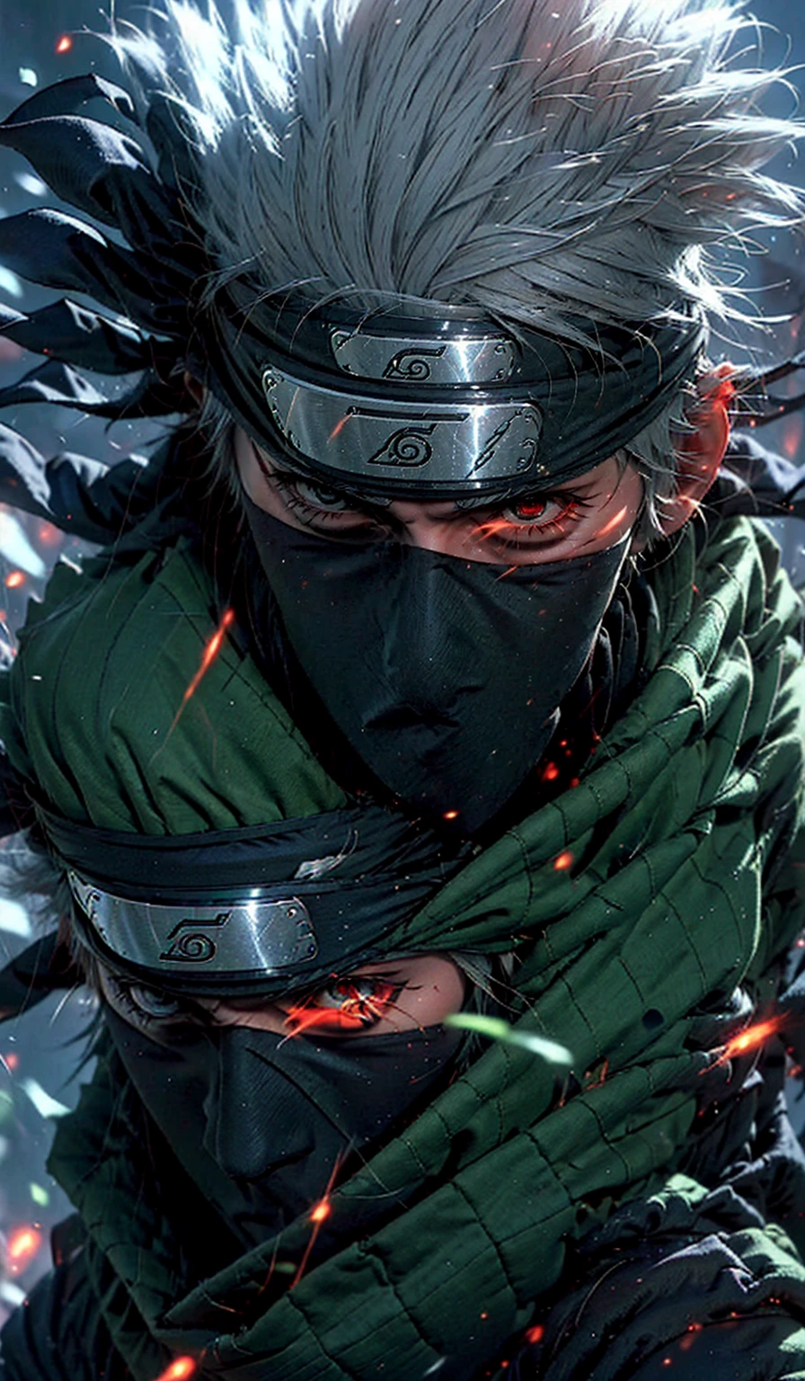 score_9, score_8_up,source_anime, 1boy, kakashi, grey hair, covered mouth, mouth mask, red eye, scar across eye, forehead protector, gloves, 1 konoha leaf symbol head band, mature, green vest, pants,solo, looking at viewer, angry, standing, cowboy shot, outdoors, forest, anime screencap, anime coloring,kakashi hatake(dramatic, gritty, intense:1.4),masterpiece, best quality, 8k, insane details, intricate details, hyperdetailed, hyper quality, high detail, ultra detailed, Masterpiece,(white hair:1.2), right eye is closed by mask, Kakashi Hatake in Naruto shippuden, holographic reality, motion blur, game light effect, full length shot, 3D artist, detailed, 