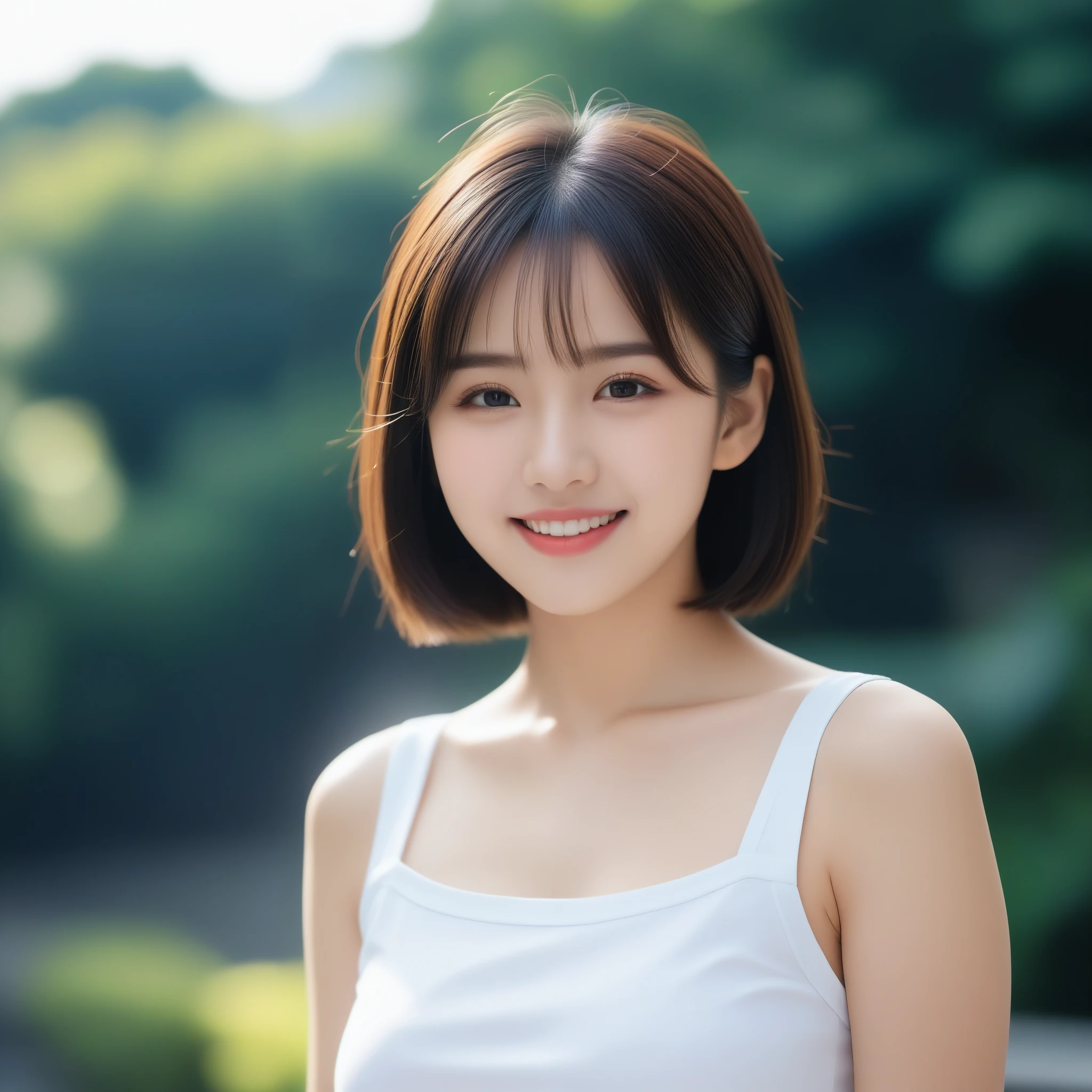 8K, Ultra-high resolution, Highest quality, masterpiece, 三分割法によるphotograph,Surreal, photograph, 1 girl, (:1.3), pretty girl, Cute face, Beautiful eyes in every detail, 細かくdetailedに,masterpiece,, One Girl:1.2, Japan Female Announcer,whole body、Black Hair、well-groomed eyebrows、Cute Lip Makeup、Urban area,Sprinkling water with a hose,summer,Sparkling sunlight,White T-shirt,Cute gestures、so beautiful,A carefree smile,Healing the heart,blunt bangs,Looking at the audience、beauty,Long neck、Laugh a little、Please close your mouth and laugh、(((Ideal body type))),A-cup small breasts :2,、Portraiture:2、Perfect Anatomy、鮮明なdetailed、detailed、Surreal、Light and shadow,Strong light