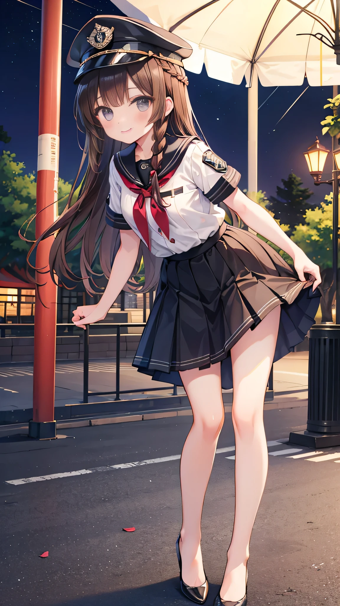 {Highest quality], [Super beautiful], [Ultra fine], [Best illustration], NSFW,Brown Hair, Hime cut,Braid, Long Hair, With bangs, girl, Uniform cap,Security uniform, smile, blush, Slender women,Short sleeve,Long straight skirt, Adult women,Strike a Pose,(Public）Night Park, diagonal,Bare feet and pumps, Plain black pumps
