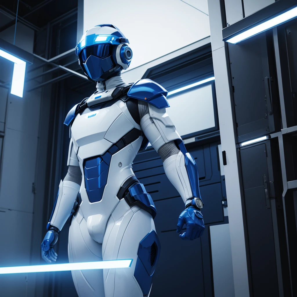 (masterpiece), (best quality), (high res) Solo, (perfect anatomy) Dronificated unknown femenine man in a fully (enclosed blue latex full body armor) (white LEDs across the suit) (white glowing core in the chest), (enclosed cyber helmet) that cover his whole face and hides his identity with a white screen, flat chest, narrow waist, wide hips and thick thigs, (no face) no face, no hair, no mouth, no eyes, in a lab