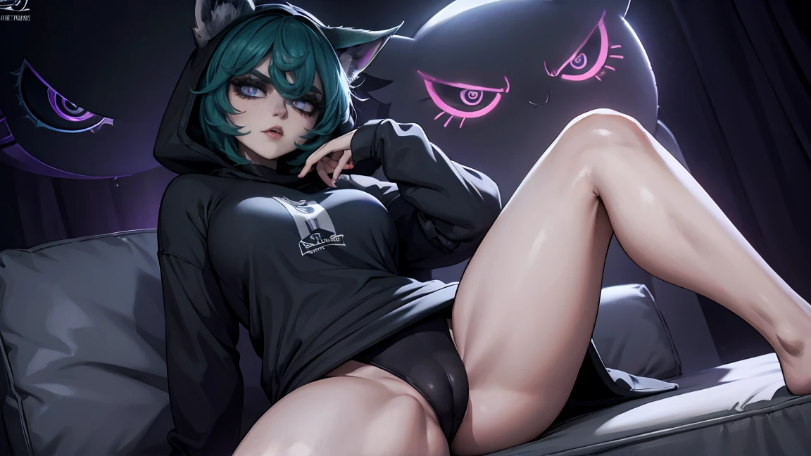 girl, large black sweatshirt, sitting posture, calm look, Sitting in front, legs open, a dark room, evil eyes, sexy pose, erotica,  glowing skin, Looking ahead, facial expression