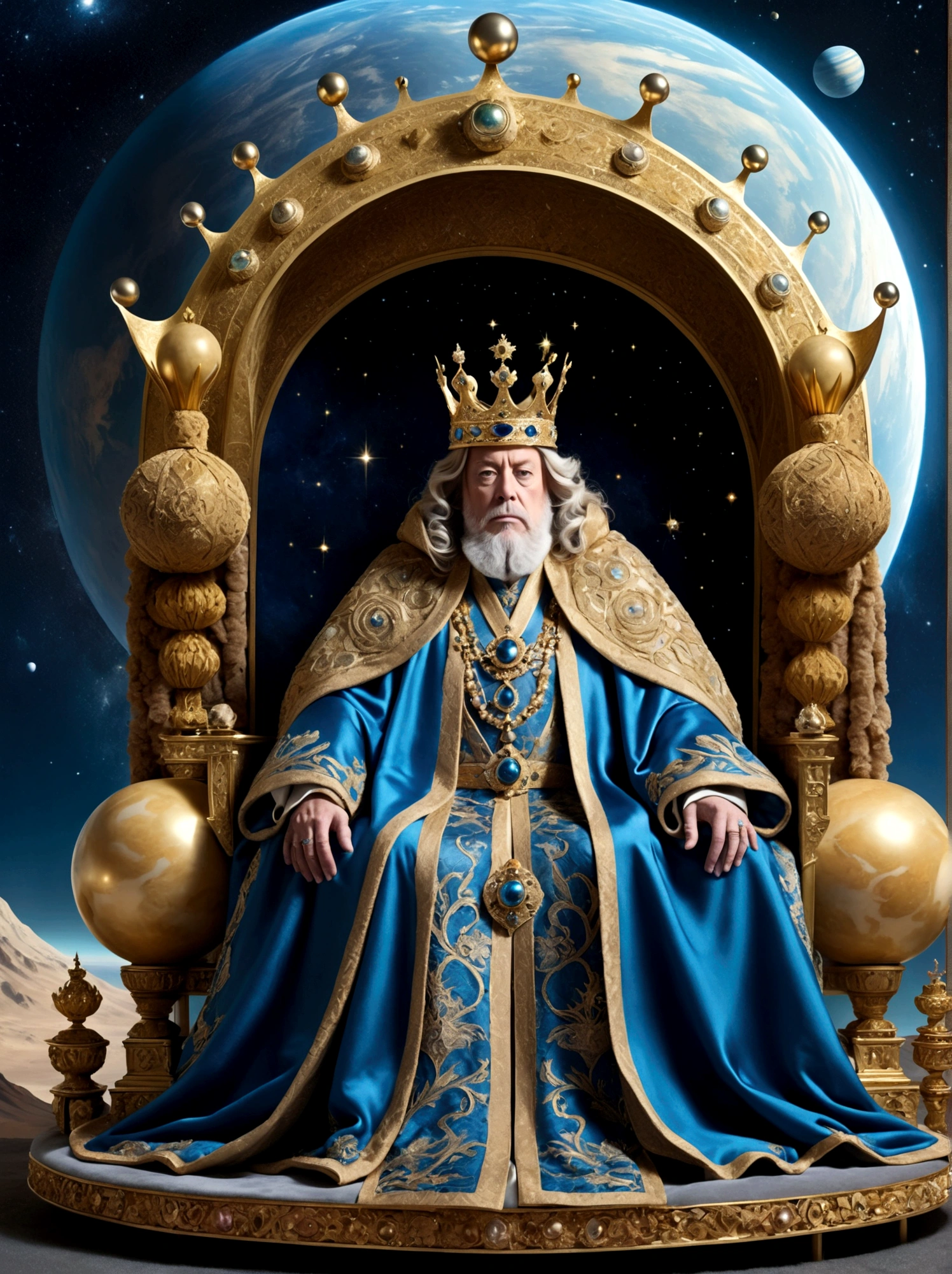 A royal figure in a lavish robe, adorned with a large crown, is seated on a throne, The setting is otherworldly and surreal, located in the vast expanse of space, The figure is perched on a miniature planet that's enveloped entirely by the rich fabric of the robe, reflecting an element of royal extravagance