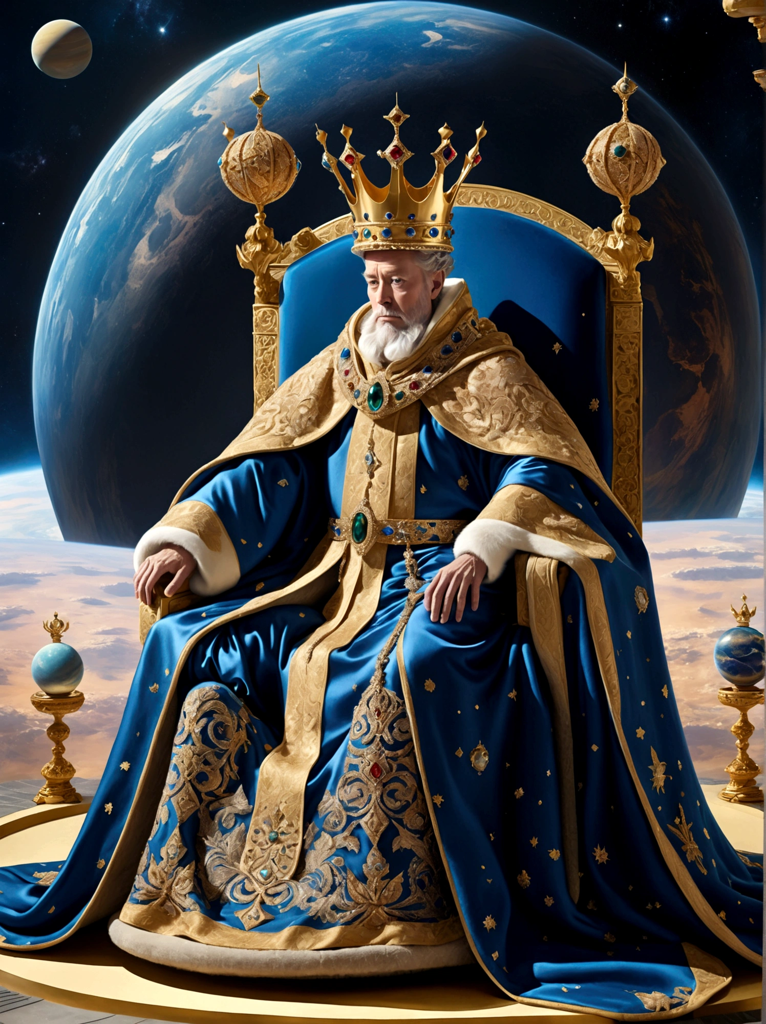 A royal figure in a lavish robe, adorned with a large crown, is seated on a throne, The setting is otherworldly and surreal, located in the vast expanse of space, The figure is perched on a miniature planet that's enveloped entirely by the rich fabric of the robe, reflecting an element of royal extravagance