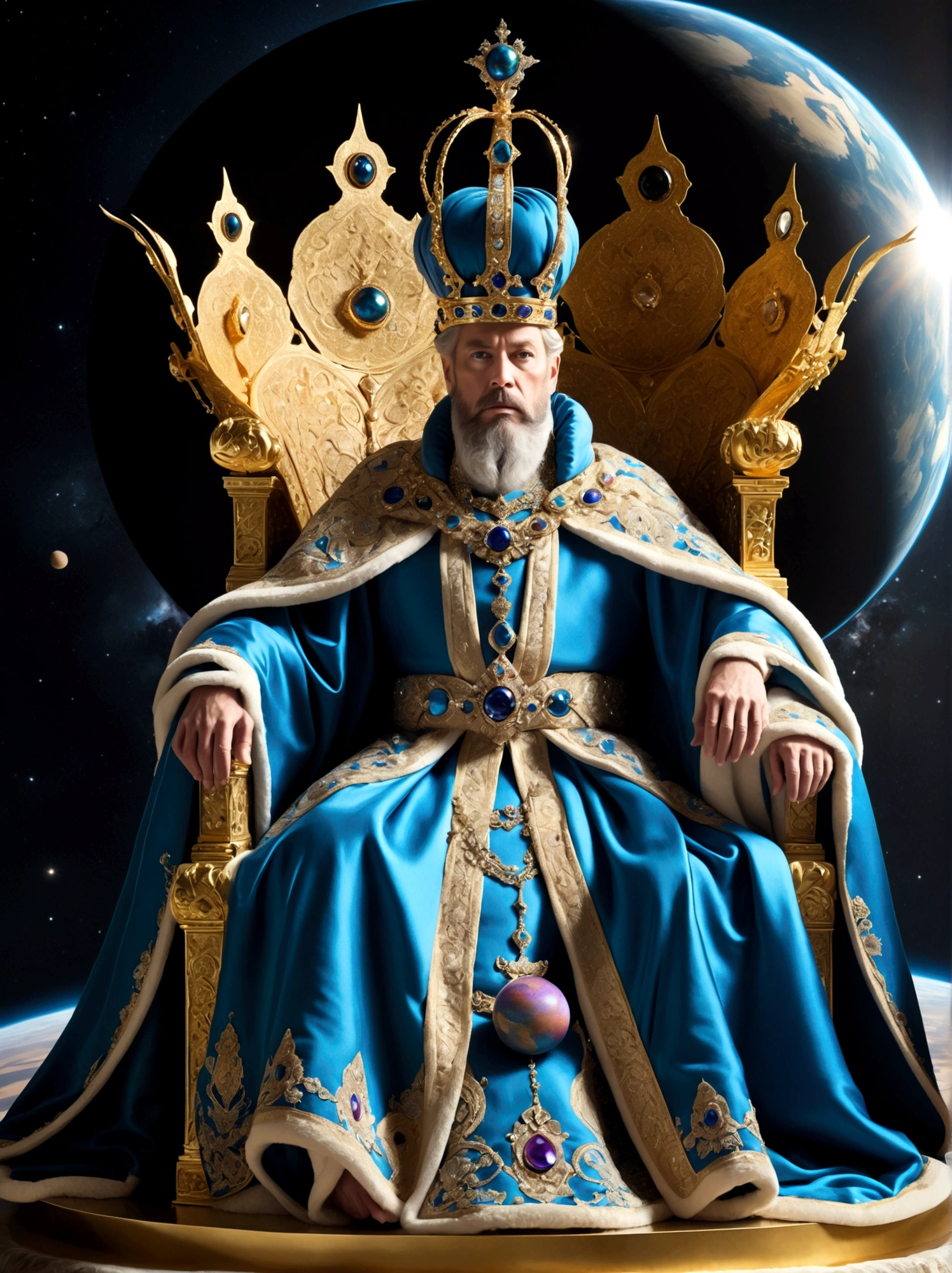 A royal figure in a lavish robe, adorned with a large crown, is seated on a throne, The setting is otherworldly and surreal, located in the vast expanse of space, The figure is perched on a miniature planet that's enveloped entirely by the rich fabric of the robe, reflecting an element of royal extravagance