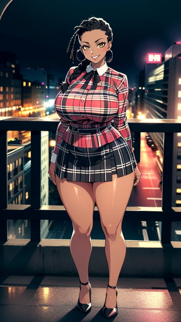 4K Quality, grinning, (sexy pose), ((full body black plaid skirt)) standing up, ((black braids)), dark skinned, thick thighs, big breasted, big ass, looking at viewer, ((amber eyes)), ((night time)), ((bedroom eyes)), full body, (city background), (after the rain), (hoop earrings), (vibrant background)