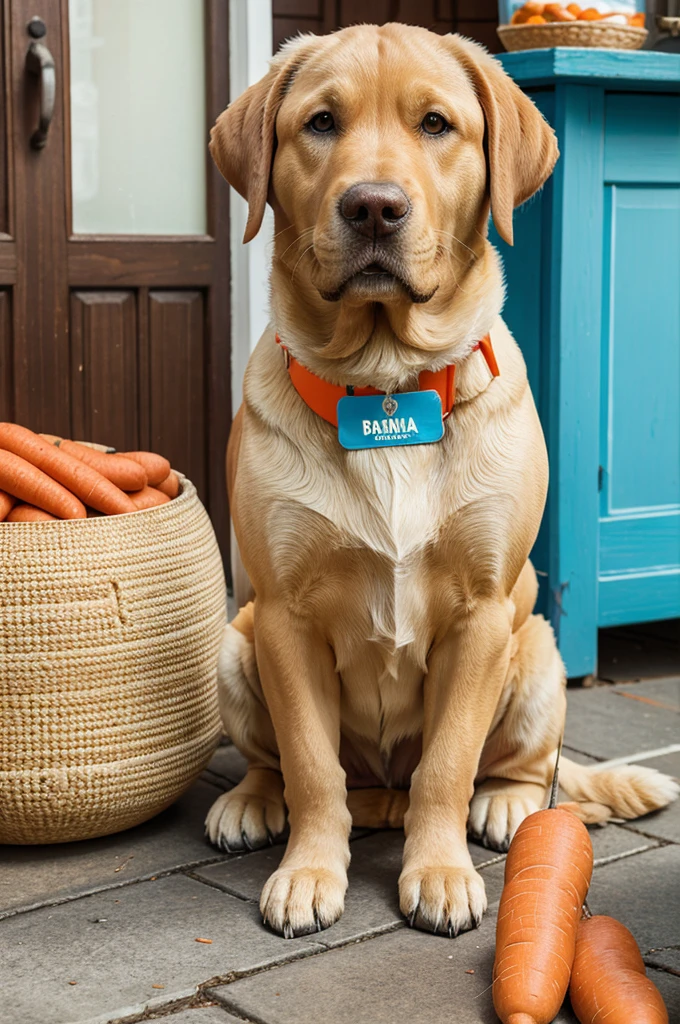 A Labrador Retriever having a name tag as "Bruno" Sitting in front of pedigree, rice cakes, carrot, curd, bread, water bowl