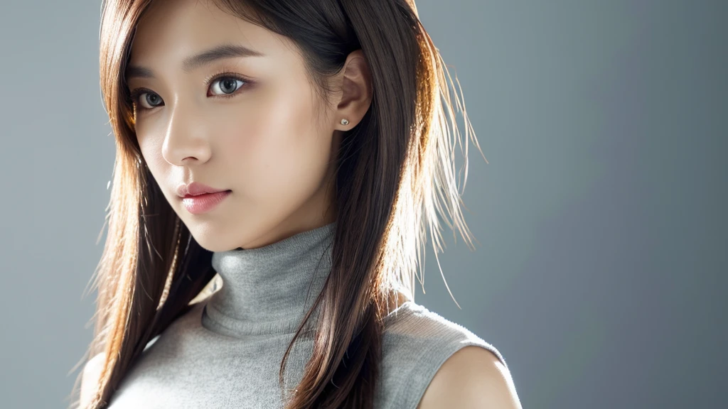 (detailed face),VIVID,pretty,sleeveless and turtle neck white silky clothes,4k ,super high resolution ,(photo-realistic: 1.7),gray background,long hair,
