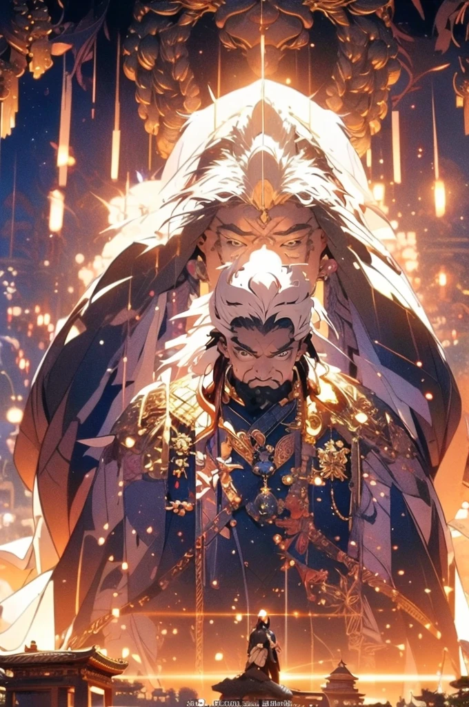 a man in a white robe, black hair, a sword in his left hand, young man, ponytail hair, ancient Chinese clothing, qi, a huge saber, ancient Chinese buildings in the background, night, powerful character, purple rays, a beautiful landscape. Detailed face, thick eyebrows, black eyes, 8k, robe embroidered with gold edges, detailed clothing, xianxia, world of cultivation. ((upper body))