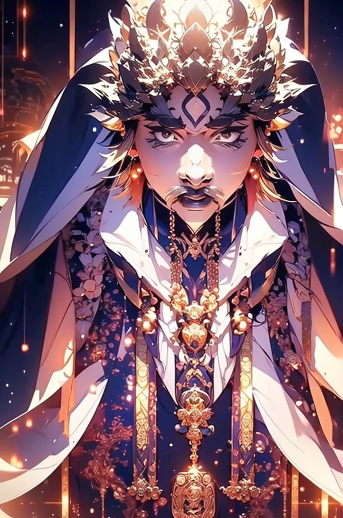 a man in a white robe, black hair, a sword in his left hand, young man, ponytail hair, ancient Chinese clothing, qi, a huge saber, ancient Chinese buildings in the background, night, powerful character, purple rays, a beautiful landscape. Detailed face, thick eyebrows, black eyes, 8k, robe embroidered with gold edges, detailed clothing, xianxia, ​​world of cultivation. ((upper body))