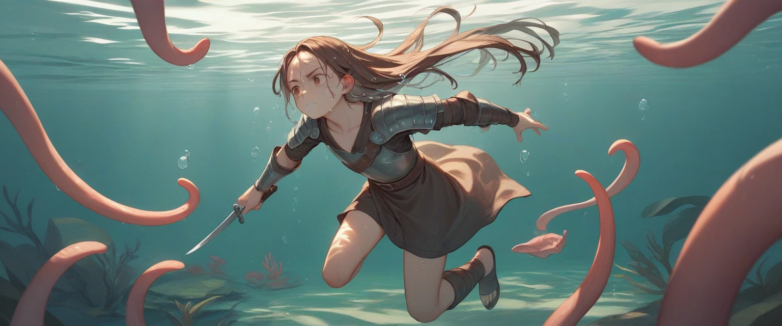 Partially underwater,最high quality,high quality, 4-year-old, , Long Hair, Brown Hair, Wet Hair, Flat Chest,Dark underground labyrinth,No light,Leather armor,Equipped with a dagger and a shield,Face above water,Body in water, Underwater Photography,The robe rolls up due to buoyancy,Painful face、My leg is pulled by tentacles、Being dragged into the water、Go wild