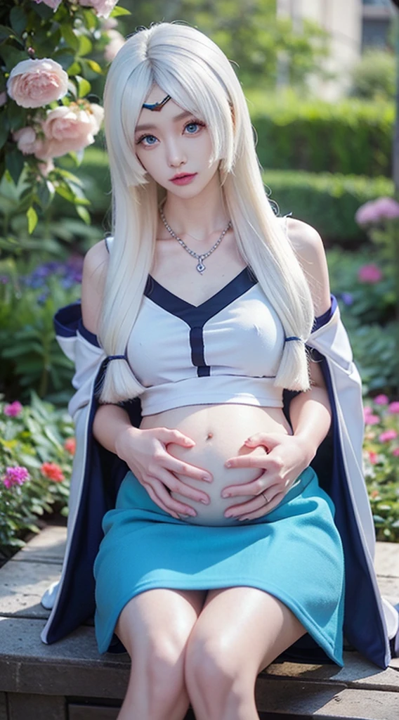 HDR,Detail ,Kagura mobile legends, long white hair, blue eyes, wearing a necklace, looking at viewer, Soft white t-shirt, black short skirt, sitting in the flower garden, pregnant, His hands rested on his large stomach