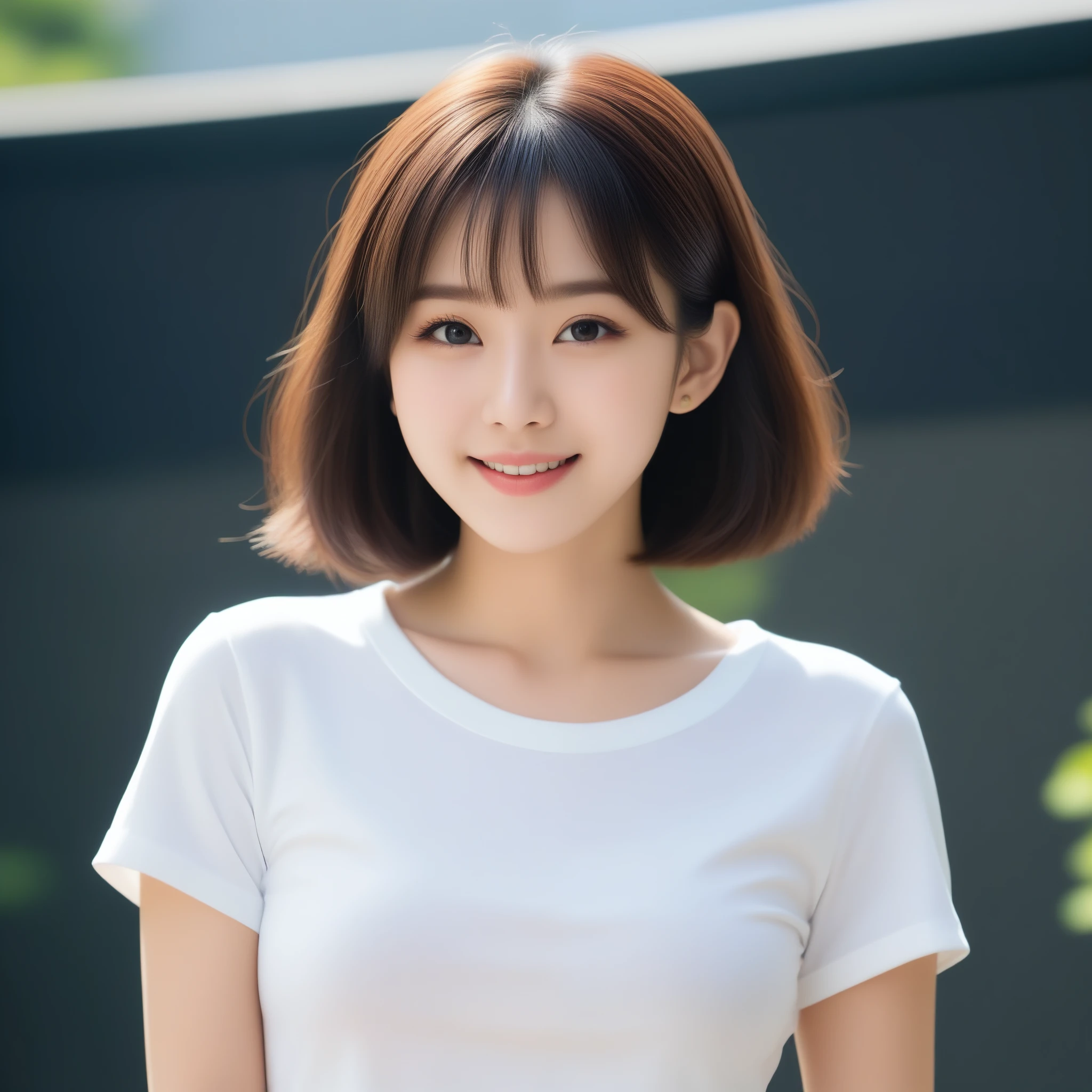 8K, Ultra-high resolution, Highest quality, masterpiece, 三分割法によるphotograph,Surreal, photograph, 1 girl, (:1.3), pretty girl, Cute face, Beautiful eyes in every detail, 細かくdetailedに,masterpiece,, One Girl:1.2, Japan Female Announcer,whole body、Black Hair、well-groomed eyebrows、Cute Lip Makeup、Urban area,Sprinkling water with a hose,summer,Sparkling sunlight,White T-shirt,Cute gestures、so beautiful,A carefree smile,Healing the heart,blunt bangs,Looking at the audience、beauty,Long neck、Laugh a little、Please close your mouth and laugh、(((Ideal body type))),A-cup small breasts :2,、Portraiture:2、Perfect Anatomy、鮮明なdetailed、detailed、Surreal、Light and shadow,Strong light
