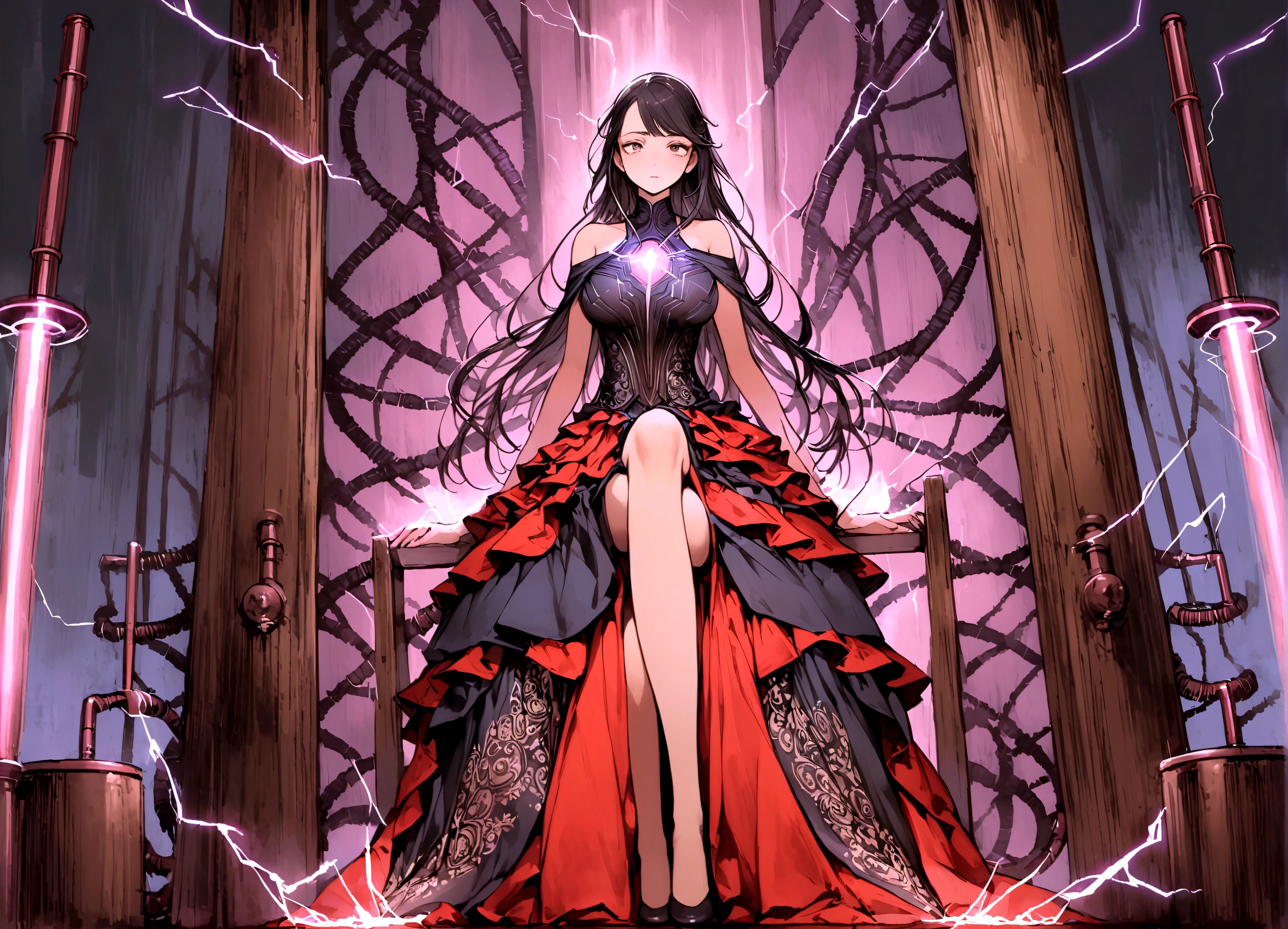 Tesla, 1900, has designed a throne of power (It has a Tesla coil on either side, electricity dances through the lab and across the coils), a lovely woman in an intricate dress sits on the throne and looks worried (her hair is electrified and standing straight out)