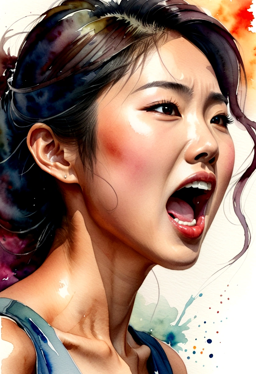 Side view of a young Asian woman,His mouth opened wide and he shouted loudly in anger..,watercolor,abstract art,greatly exaggerated