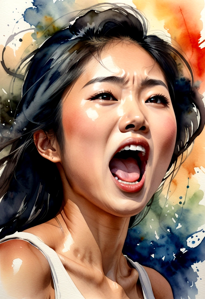 Side view of a young Asian woman,His mouth opened wide and he shouted loudly in anger..,watercolor,abstract art,greatly exaggerated