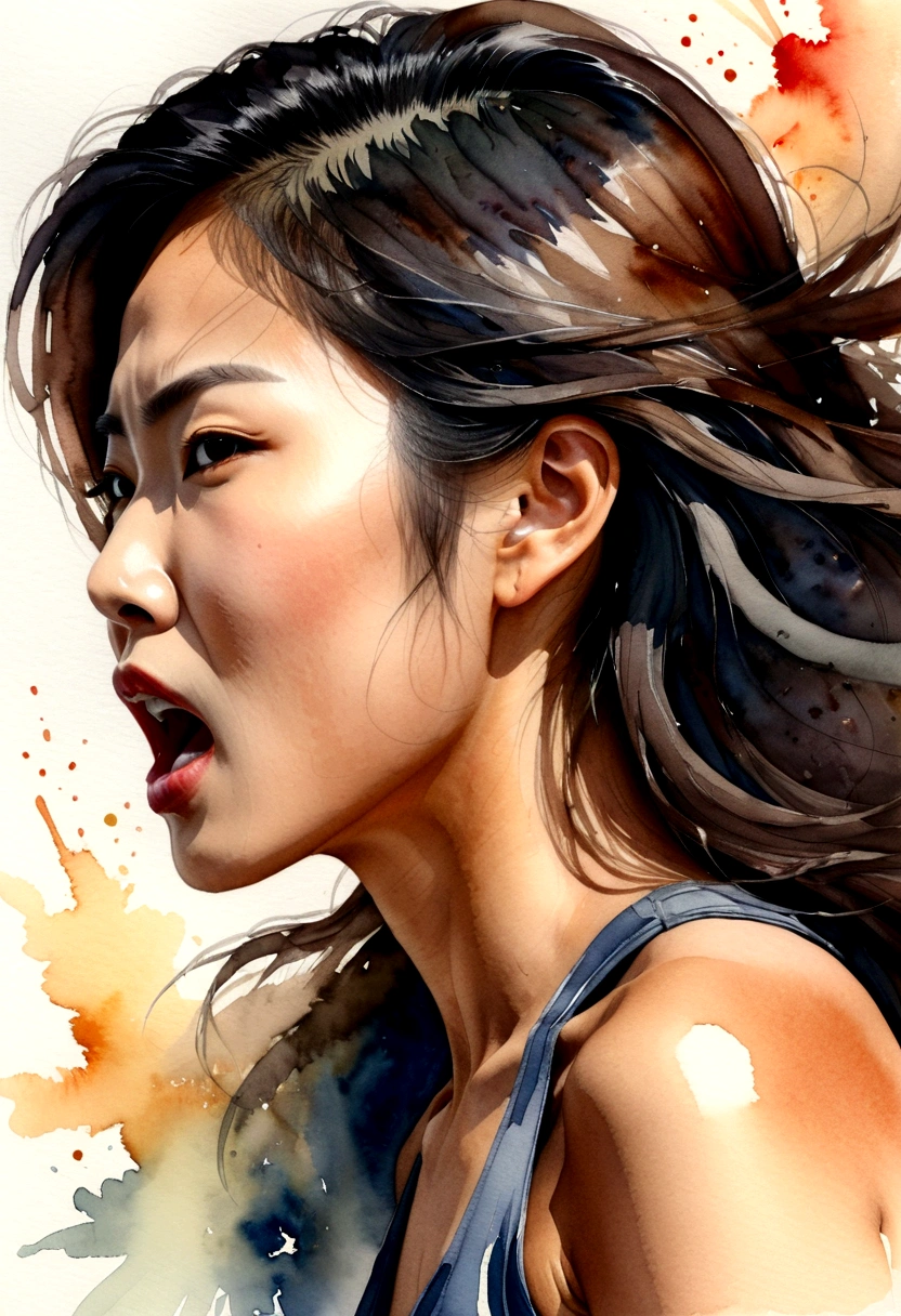 Side view of a young Asian woman,His mouth opened wide and he shouted loudly in anger..,watercolor,abstract art,greatly exaggerated
