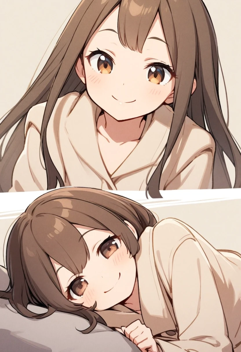 Brown hair,big sister,Beige coat,Lazy,Smile,Half Body,one person,Natural expression