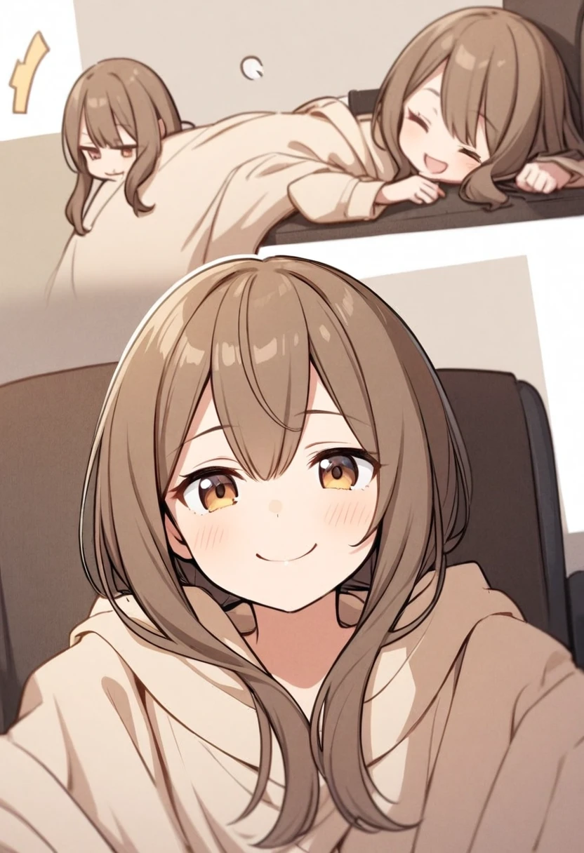 Brown hair,big sister,Beige coat,Lazy,Smile,Half Body,one person,Natural expression