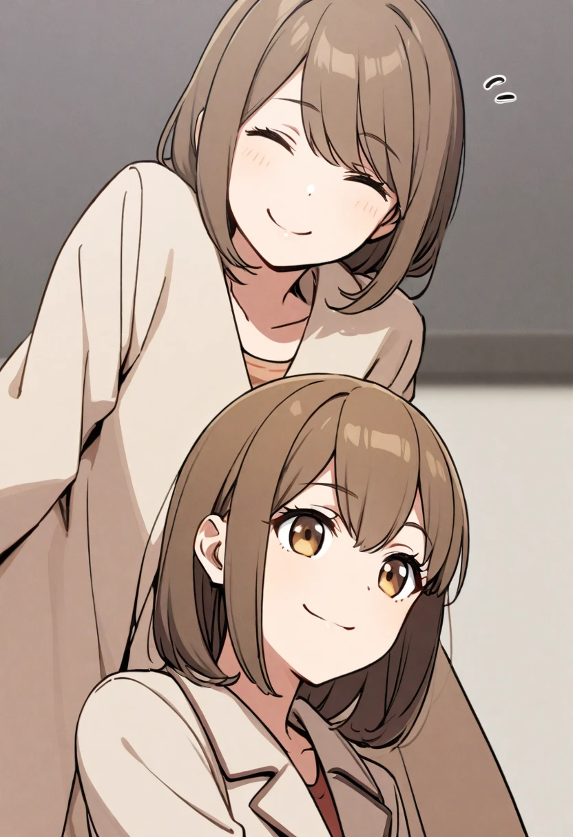 Brown hair，big sister，Beige coat，Lazy，Smile，Half Body，one person，Natural expression