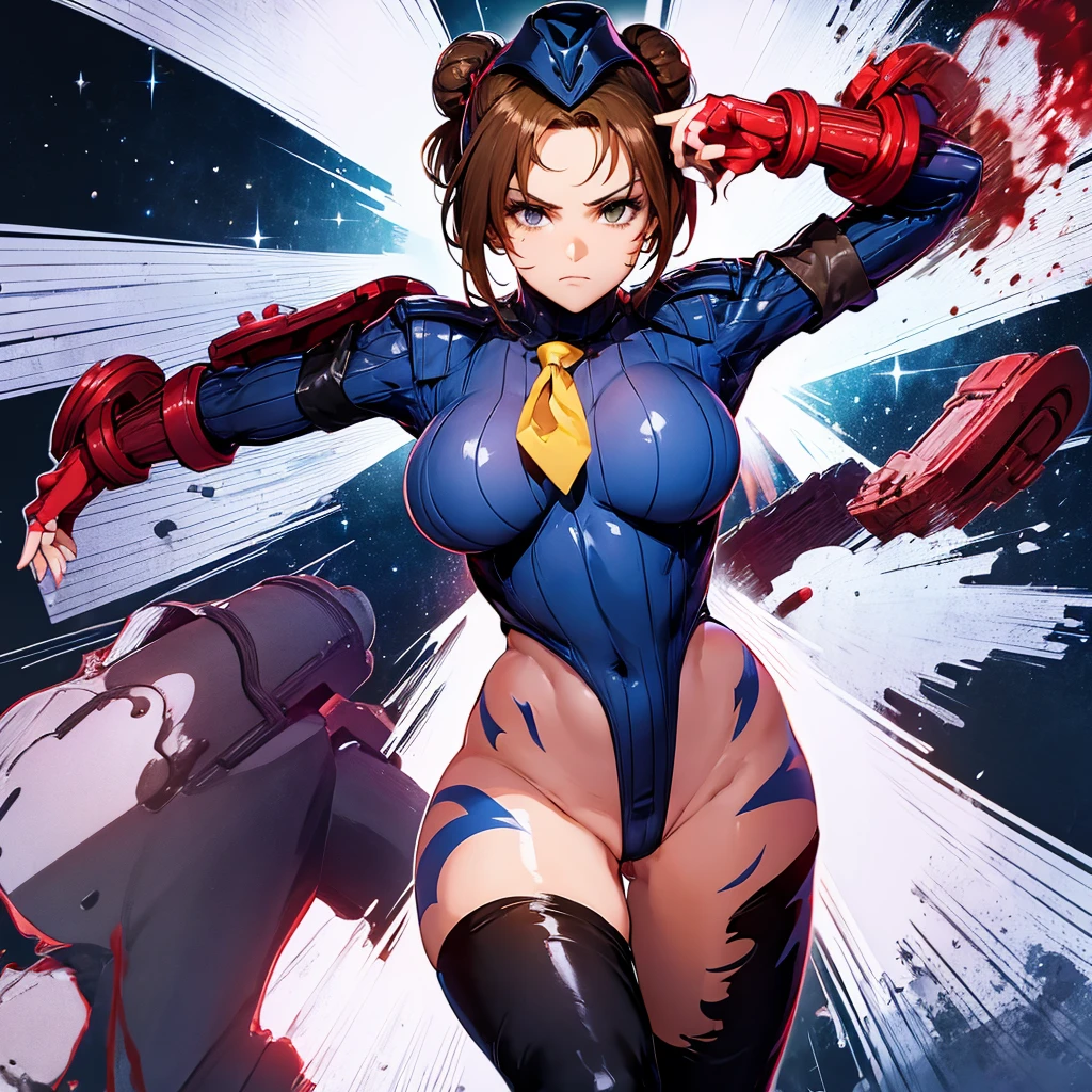ultra-detailed, Explicit, Beautiful body, Beautiful Nose, Beautiful character design, perfect eyes, perfect face, ultra highres, 4K, beautiful legs, perfect legs, Nice hands, Perfect hand, Masterpiece, Best Quality, Highly detailed, illustration, absurdres, street fighter, doll suit, shadaloo doll, dollsuit, expressionless, blank eyes, looking at viewer, red gloves, emotionless, black latex, corrution, mind control, female combatant, full body, hypnotized, unhappy trance, full body suit, ribbed bodysuit, both arms at side, obey, perfect female body, extremely glossy latex, hypnosis, hypnoLora, empty eyes, Mind control device, poses, submissive_pose, Slave, hat, necktie, standing, standing up straight, Standing at attention, hat, yellow necktie, belt, latex, ribbed bodysuit, thighhighs, garter belt, Fighting Stance, saluting, military, military saluting, salute, thigh boots, solo, blood on shirt, blood on hand, blood on clothes, blood on face, blood, blood on arm, blood on cheek, blood on leg, gun, holding gun, gun in hand, Stellvia of the Universe, Katase Shima, brown hair, twin tails, bun, brown eyes, space station background, space background