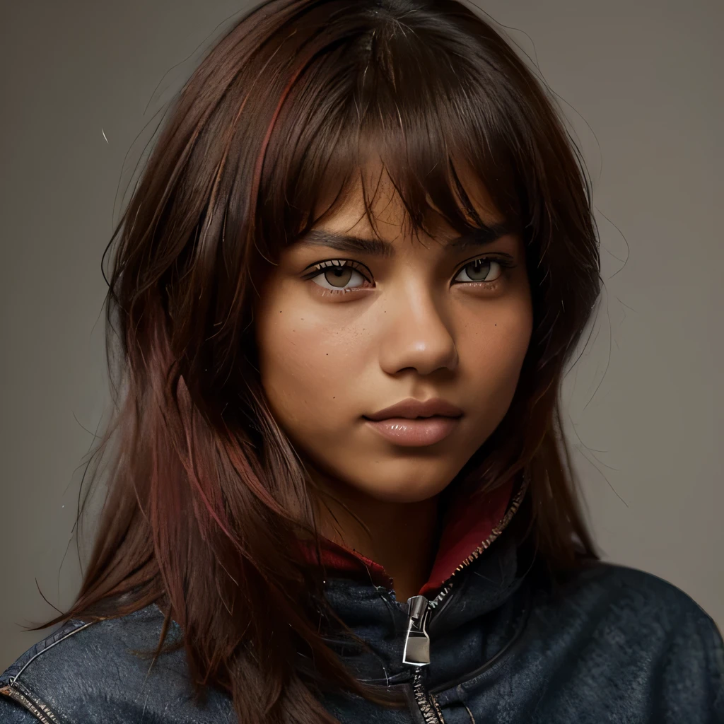 A photo of a young teenage girl, ((Tupi Guarani Girl)), ((Tupinambá)), ((adolescent)), ((ar old)((tanned skintone)), ((Features of the faces of Taylor Lautner and Adriana Lima)), ((Long pixie cut hair)), (slickedback hair), ((Red dyed hair color)), Fluid Hairstyle, pores, realisic skin, (greeneyes), Using makeup, ((Wearing tomboy clothes: 1.0)), tomboy style, winter clothing, fundo futuristico, focused face, portraite, gazing at viewer