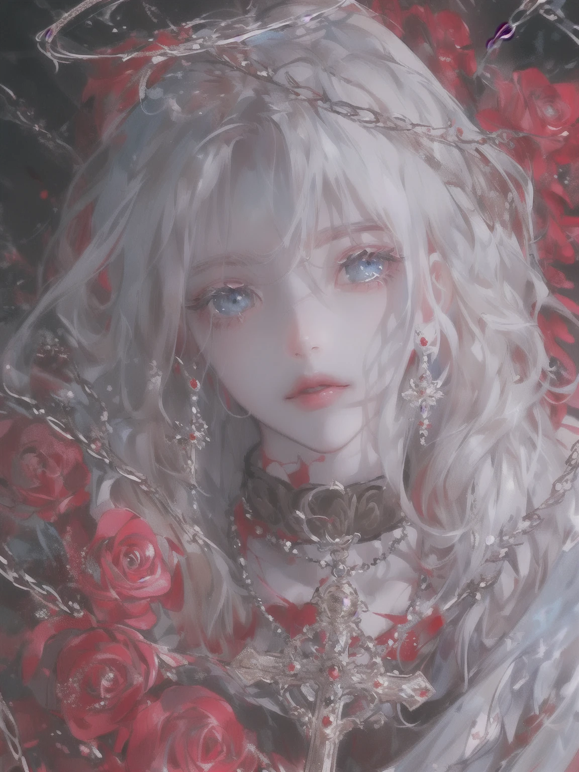 Blonde Girl,White hair,Red rose,necklace, Gu Weiss on pixiv artstation, Gu Weiss, Gu Weiss on artstation pixiv, artwork in the style of Gu Weiss, Gu Weiss masterpiece, Popular on artstation pixiv, Anime Art Wallpaper 4K, Anime Art Wallpaper 4K, Detailed digital anime,Beautiful and charming water blue eyes