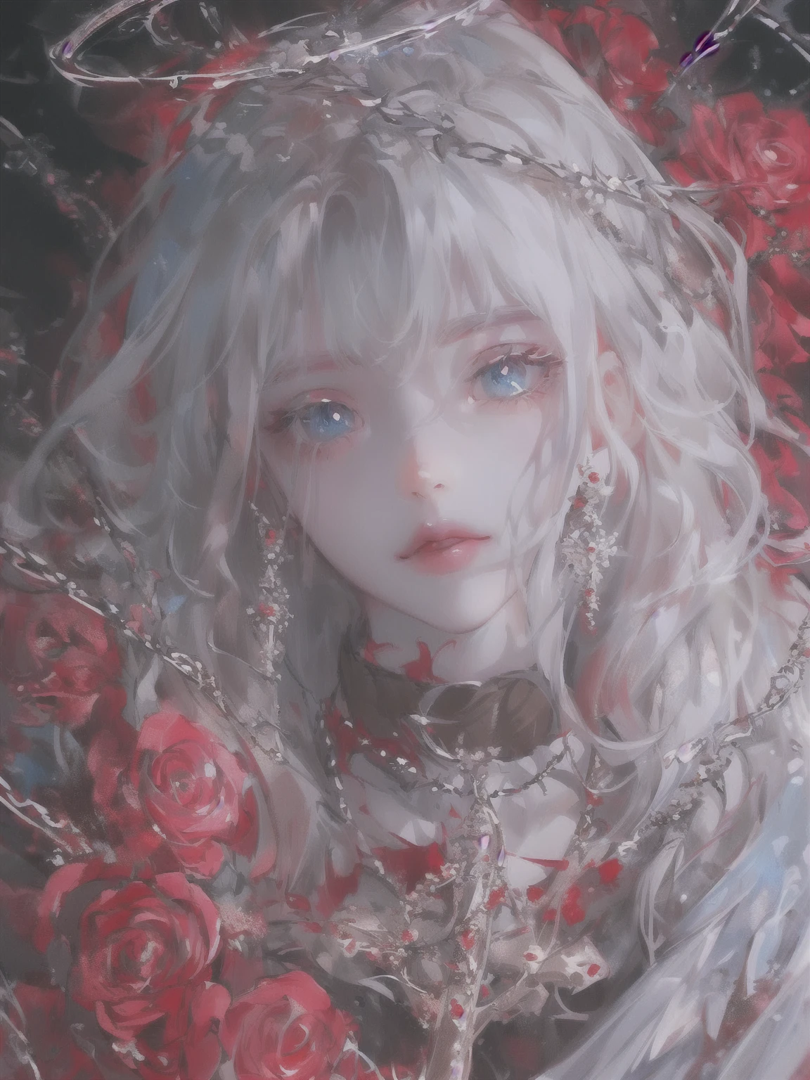 Blonde Girl,White hair,Red rose,necklace, Gu Weiss on pixiv artstation, Gu Weiss, Gu Weiss on artstation pixiv, artwork in the style of Gu Weiss, Gu Weiss masterpiece, Popular on artstation pixiv, Anime Art Wallpaper 4K, Anime Art Wallpaper 4K, Detailed digital anime,Beautiful and charming water blue eyes
