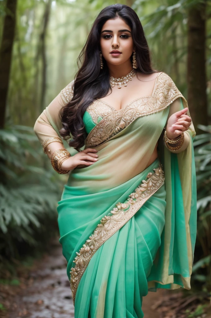 1 Heavenly beautiful and goddess beauty cute and sweet looking face Arabian woman in front of rainy forest, Heavenly beautiful Overweight, Heavenly beautiful Extremely fat, Heavenly beautiful and attractive Chubby figure , Heavenly beautiful looking and eye catching luxury style saree , reaching out, Heavenly beautiful Arabian woman, 16k, High resolution, masterpiece, highest quality, fine skin, close up figure view, Realistic Photograph