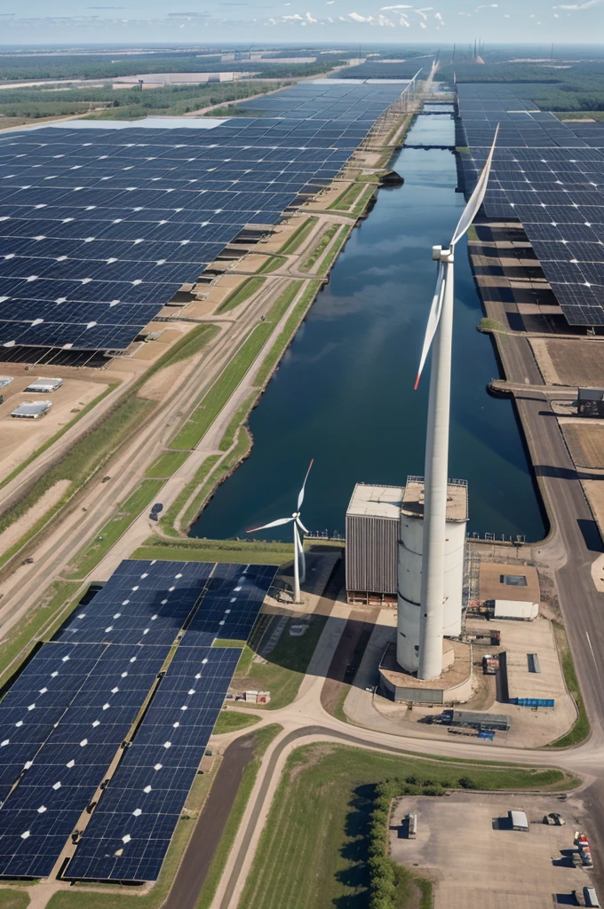 Factories with smokestacks, congested traffic, renewable energy sources (wind turbines, solar panels), healthy and polluted environments side by side.
